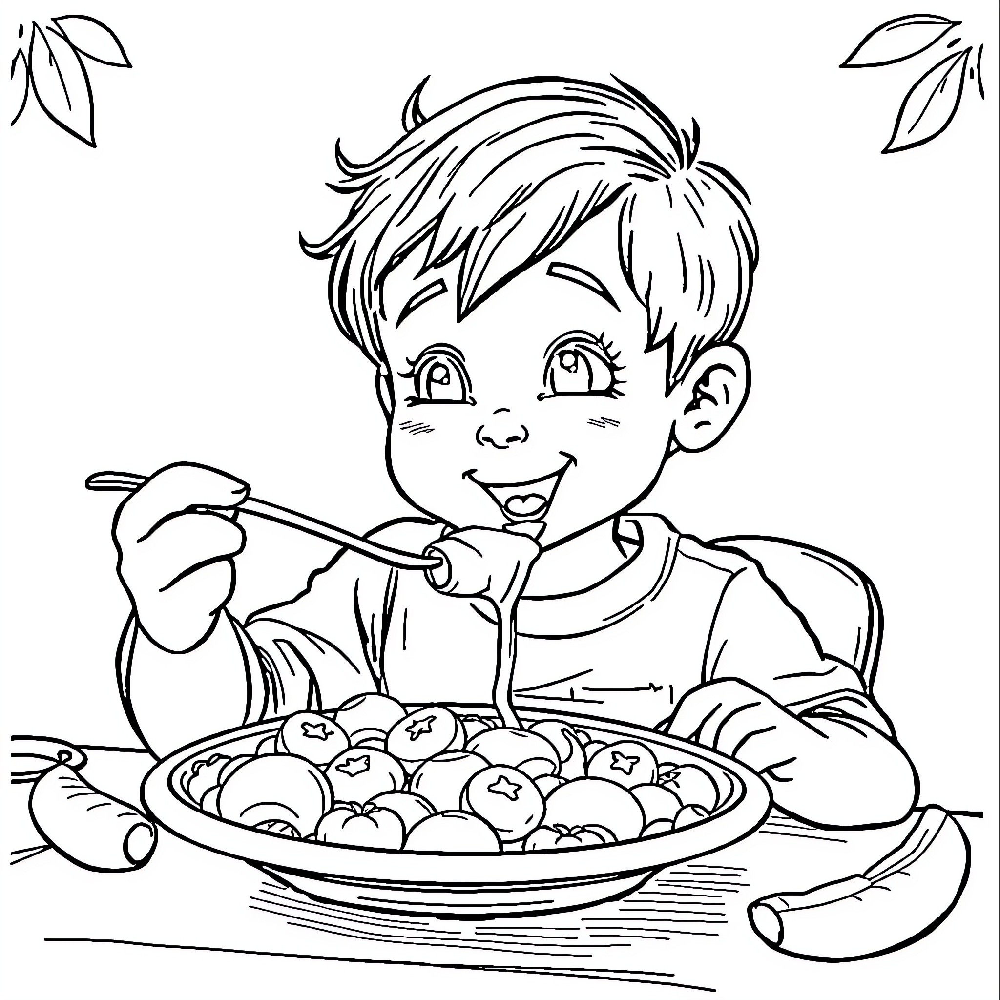 Child enjoying a hearty meal Coloring Page (free black-and-white line drawing printable PDF for all, from beginners to advanced learners, including children, teens, adults, and seniors)