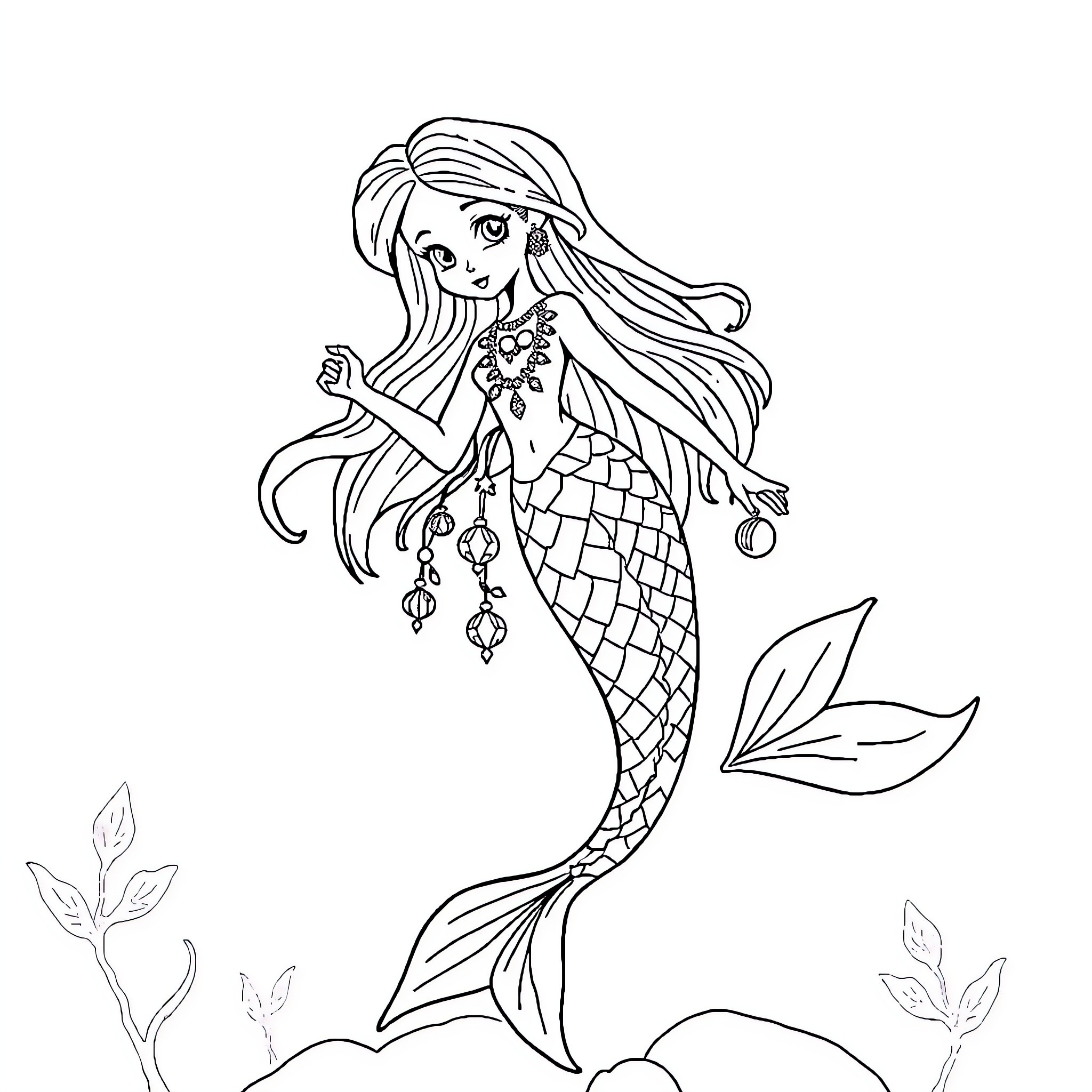 Mermaid with Flowing Hair and Ornate Accessories Coloring Page (free black-and-white line drawing printable PDF for all, from beginners to advanced learners, including children, teens, adults, and seniors)