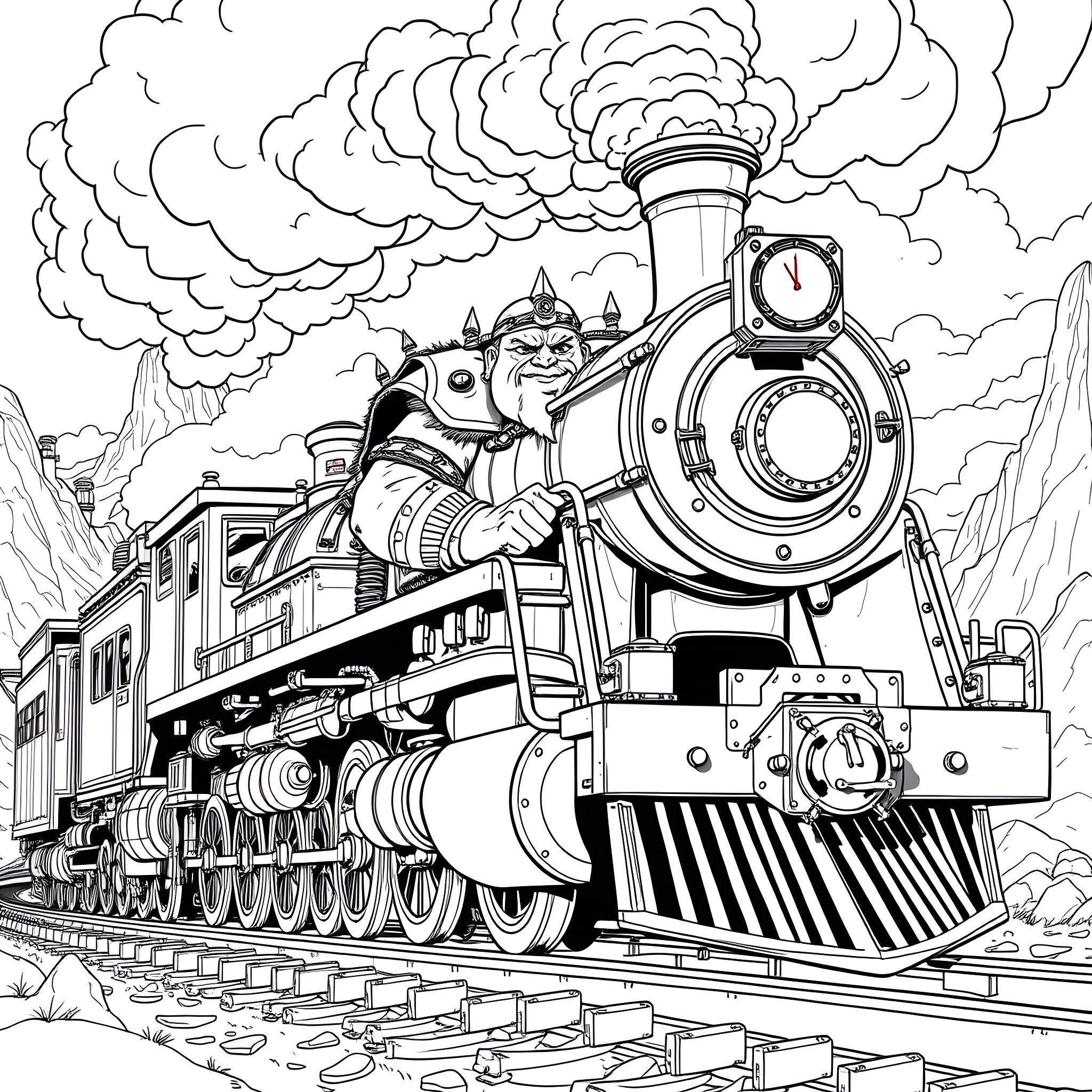 Ork's Mysterious Steam-powered Train Journey Coloring Page (free black-and-white line drawing printable PDF for all, from beginners to advanced learners, including children, teens, adults, and seniors)