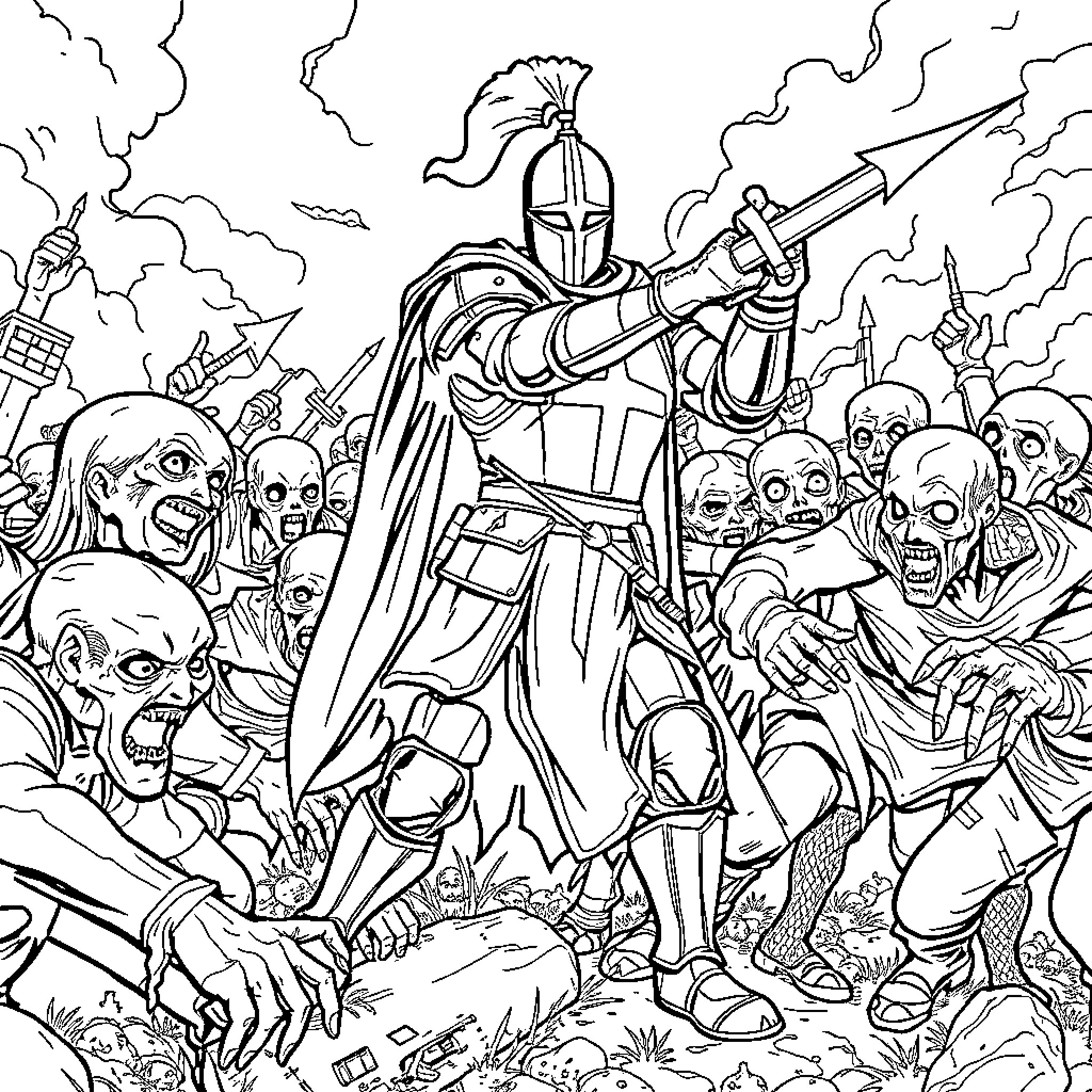 Crusader Knight Battling Zombies in a Fierce Confrontation Coloring Page (free black-and-white line drawing printable PDF for all, from beginners to advanced learners, including children, teens, adults, and seniors)