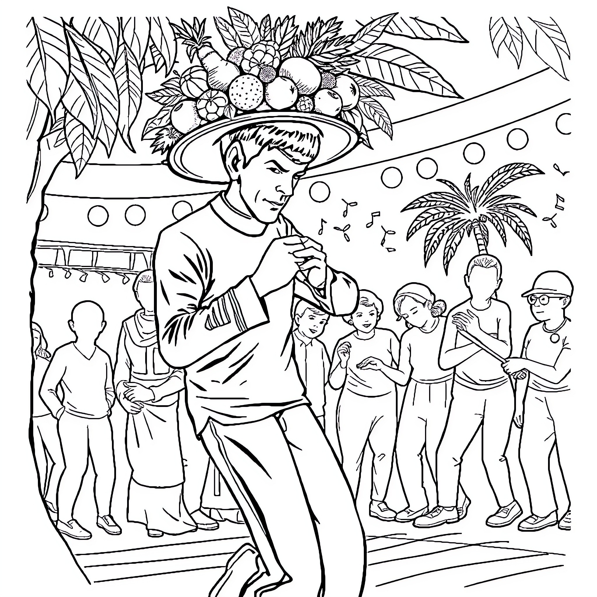 Mr. Spock dancing with friends in tropical setting Coloring Page (free black-and-white line drawing printable PDF for all, from beginners to advanced learners, including children, teens, adults, and seniors)