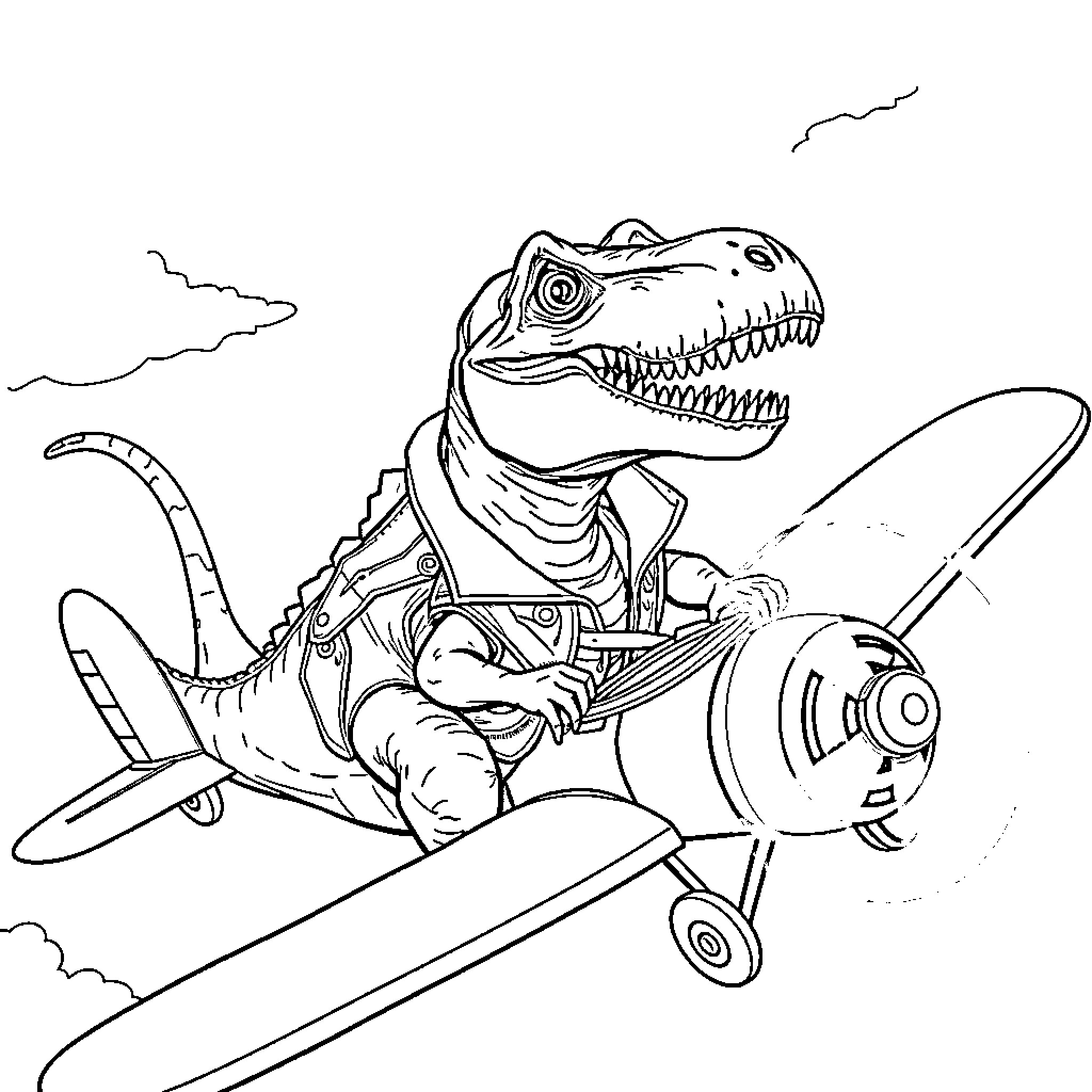 T-Rex Pilot Steering Vintage Airplane Coloring Page (free black-and-white line drawing printable PDF for all, from beginners to advanced learners, including children, teens, adults, and seniors)