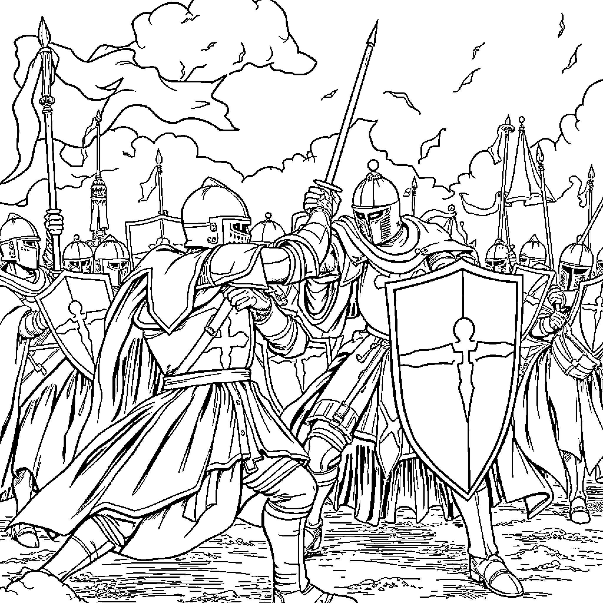 Knight leading a medieval army into battle Coloring Page (free black-and-white line drawing printable PDF for all, from beginners to advanced learners, including children, teens, adults, and seniors)