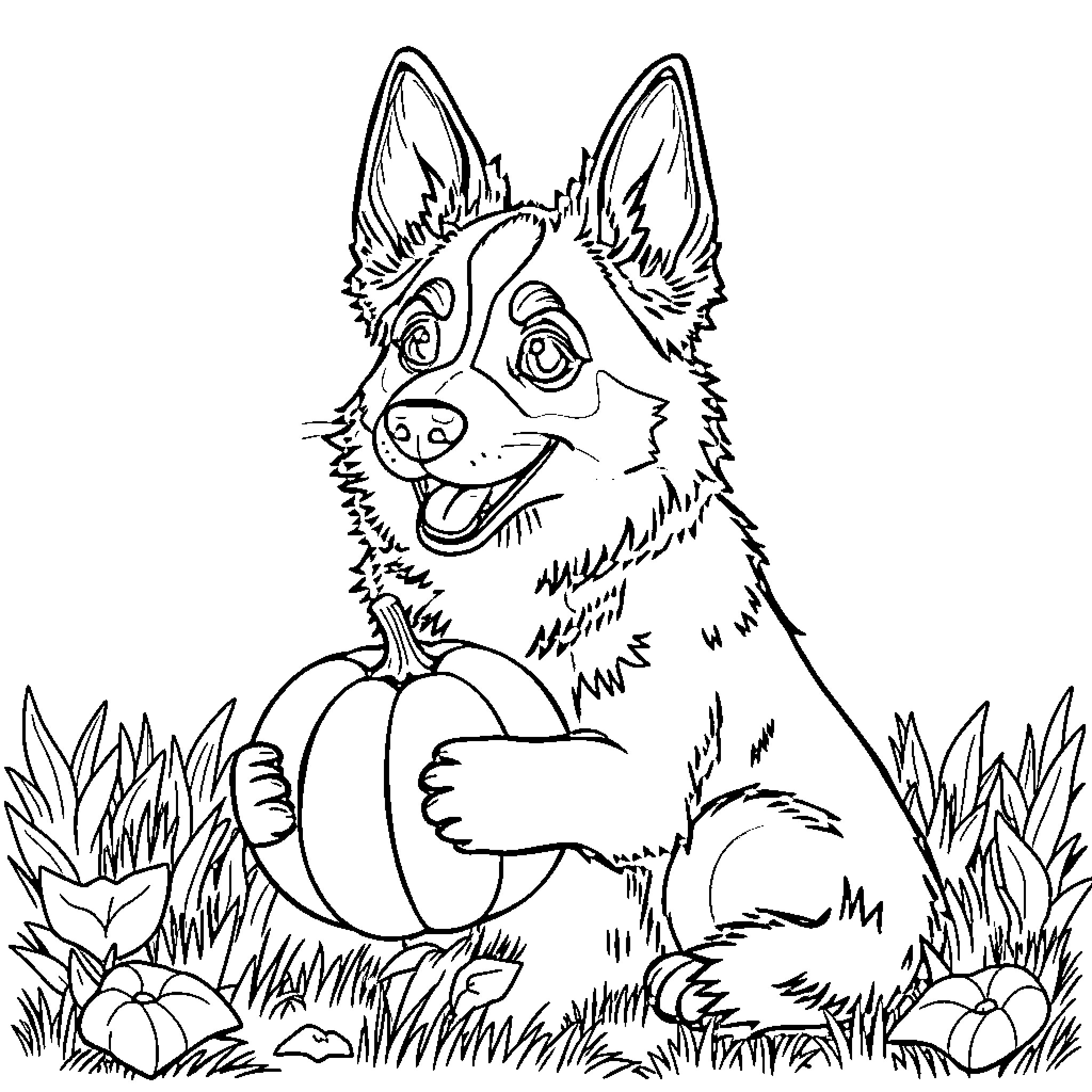 Bluey enjoys autumn pumpkins in the garden Coloring Page (free black-and-white line drawing printable PDF for all, from beginners to advanced learners, including children, teens, adults, and seniors)