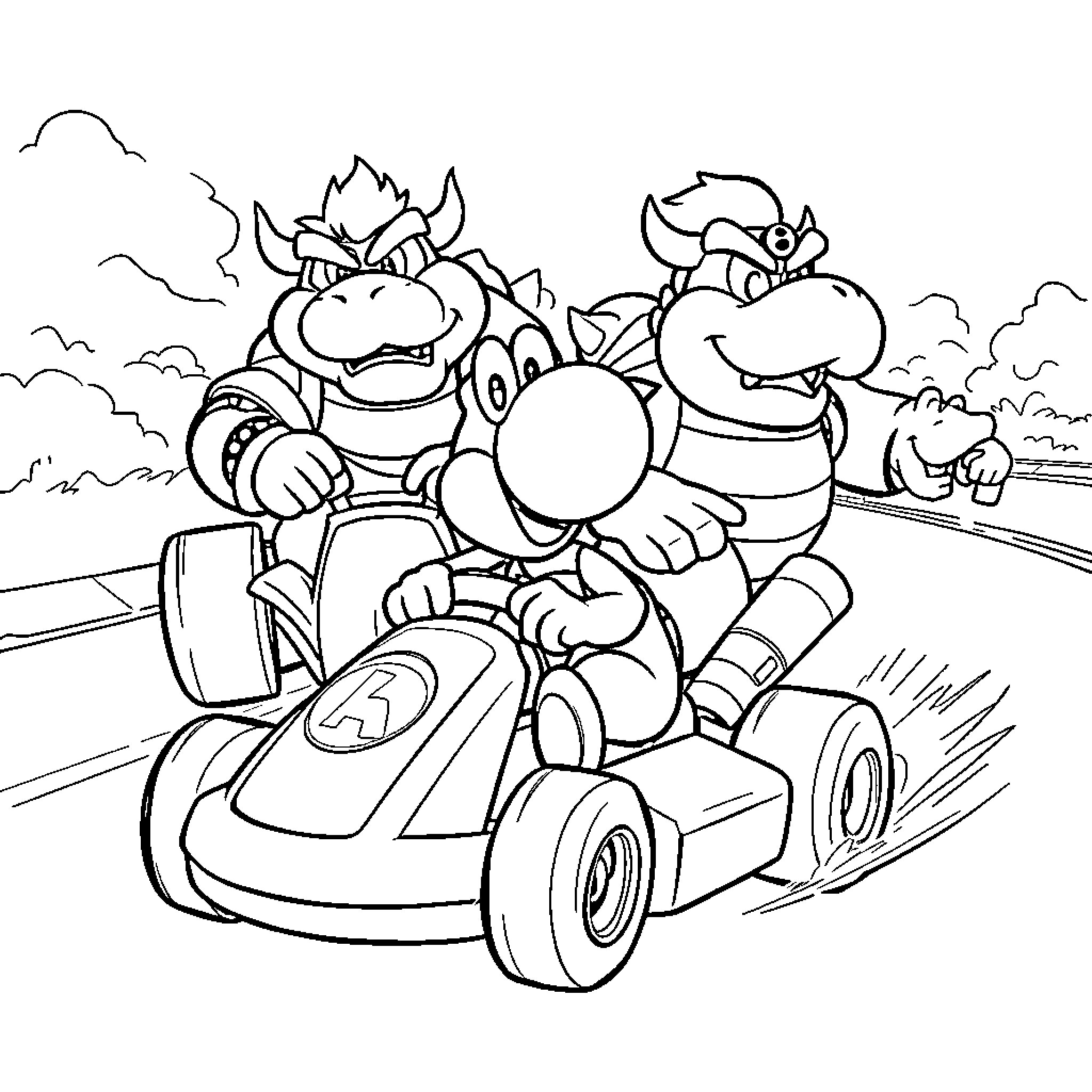 Yoshi racing with friends in go-karts Coloring Page (free black-and-white line drawing printable PDF for all, from beginners to advanced learners, including children, teens, adults, and seniors)