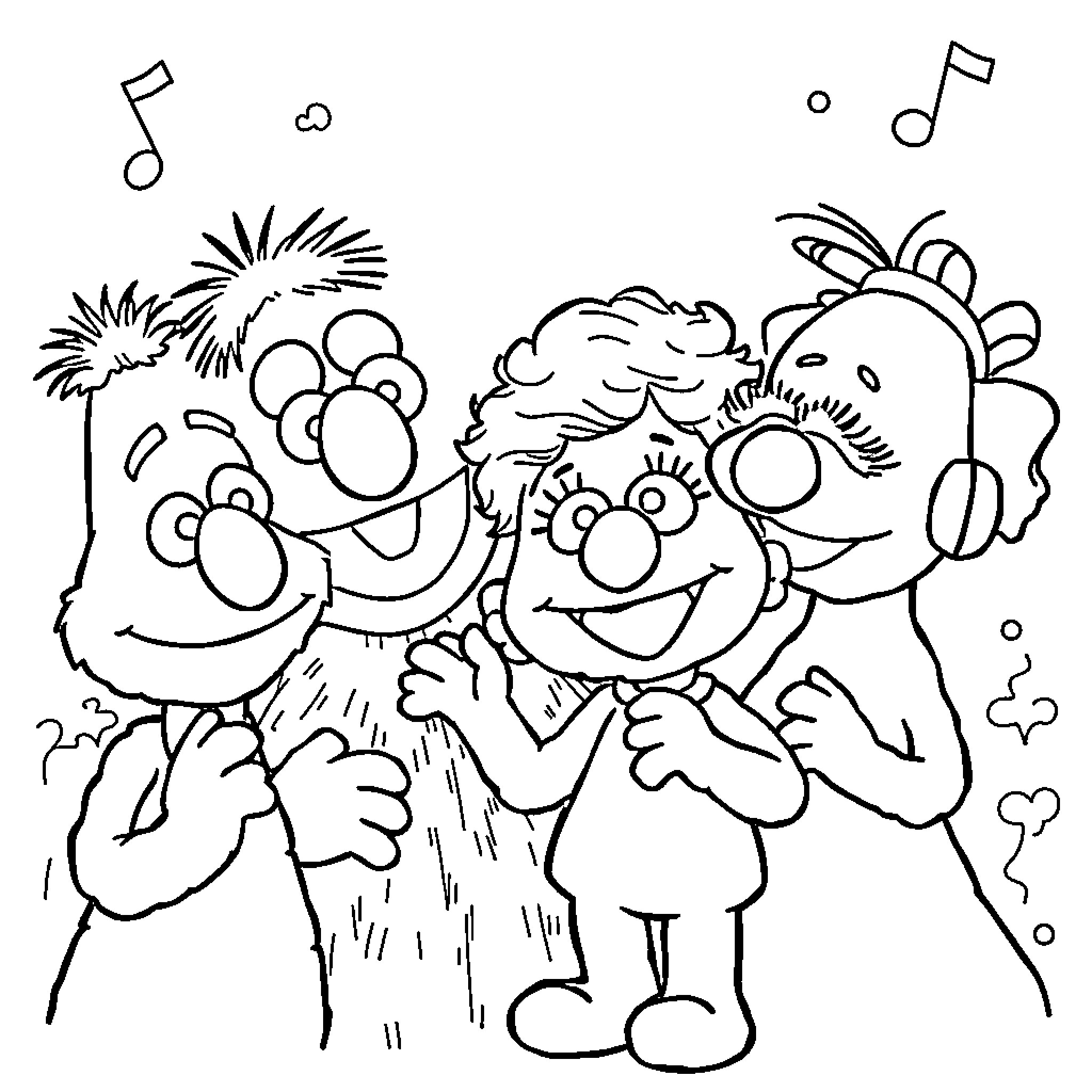 Sesame Street friends having a musical celebration Coloring Page (free black-and-white line drawing printable PDF for all, from beginners to advanced learners, including children, teens, adults, and seniors)