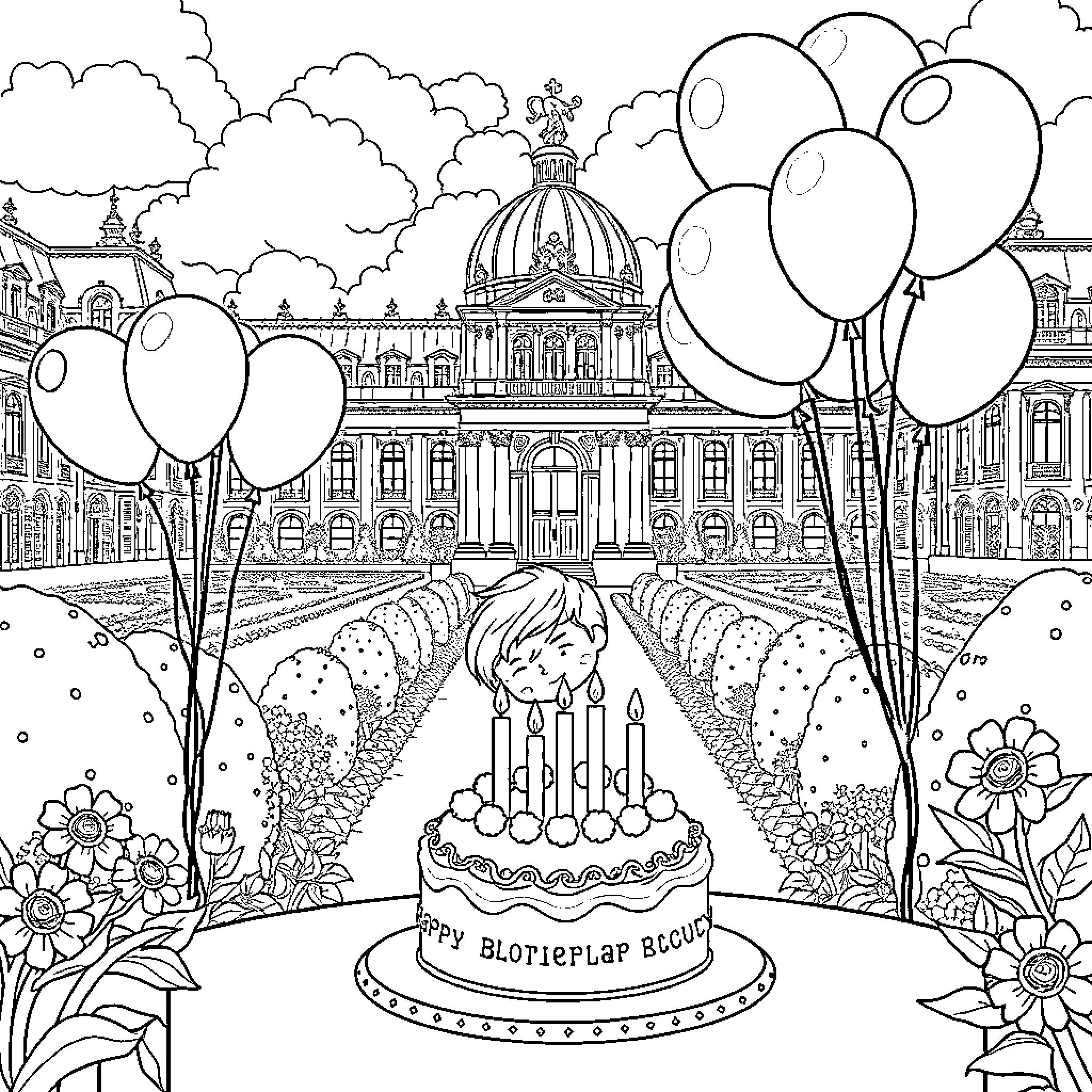 Boy celebrates birthday in grand Vatican setting Coloring Page (free black-and-white line drawing printable PDF for all, from beginners to advanced learners, including children, teens, adults, and seniors)