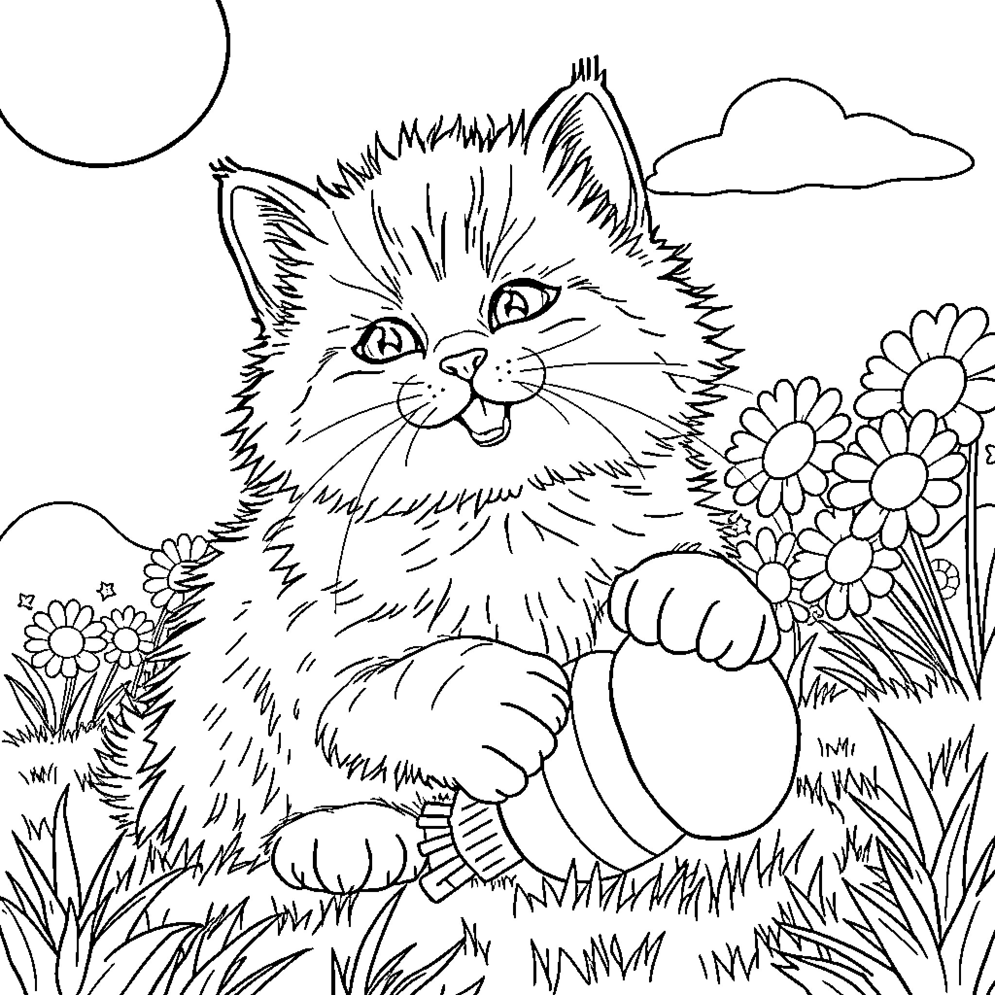 Kitty Playing in Flowery Meadow Coloring Page (free black-and-white line drawing printable PDF for all, from beginners to advanced learners, including children, teens, adults, and seniors)