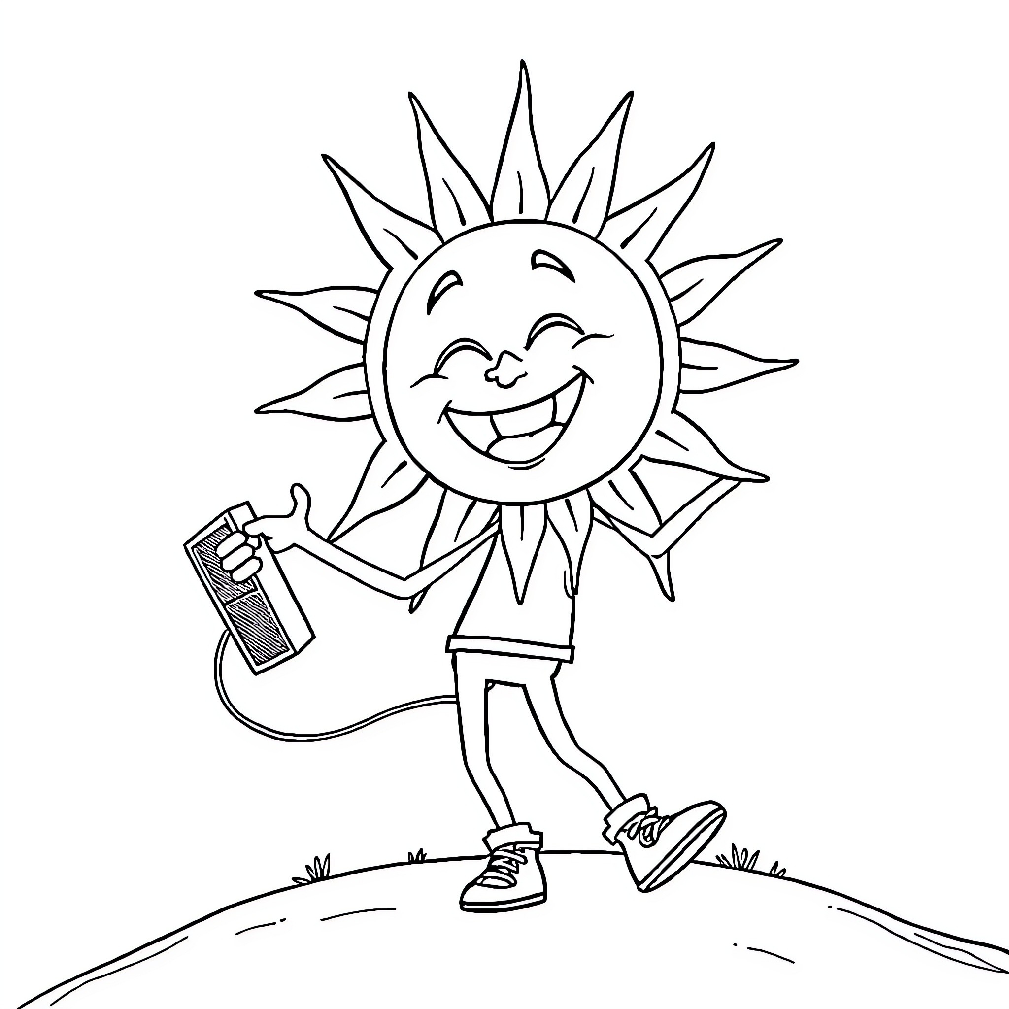 Sun smiling and holding a spray bottle Coloring Page (free black-and-white line drawing printable PDF for all, from beginners to advanced learners, including children, teens, adults, and seniors)