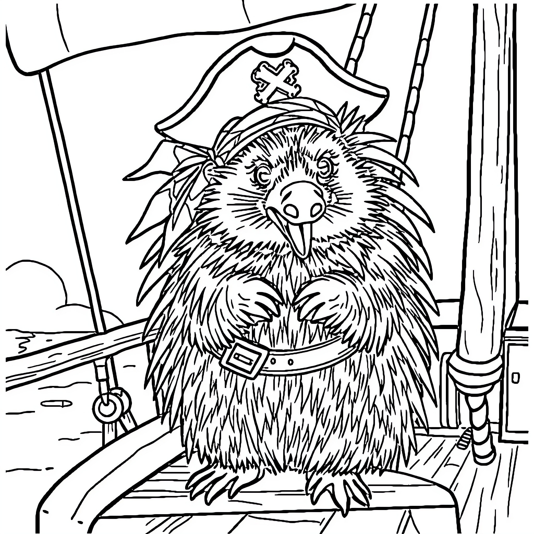 Porcupine pirate on a ship deck Coloring Page (free black-and-white line drawing printable PDF for all, from beginners to advanced learners, including children, teens, adults, and seniors)