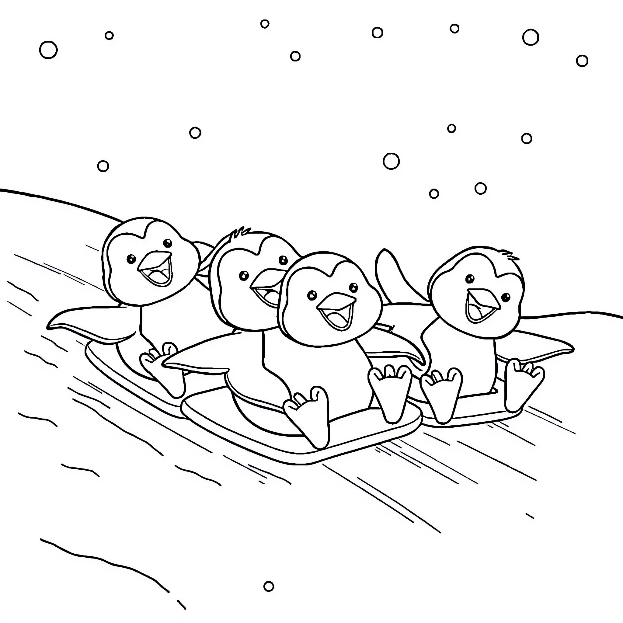 Penguins sliding down a snowy hill Coloring Page (free black-and-white line drawing printable PDF for all, from beginners to advanced learners, including children, teens, adults, and seniors)