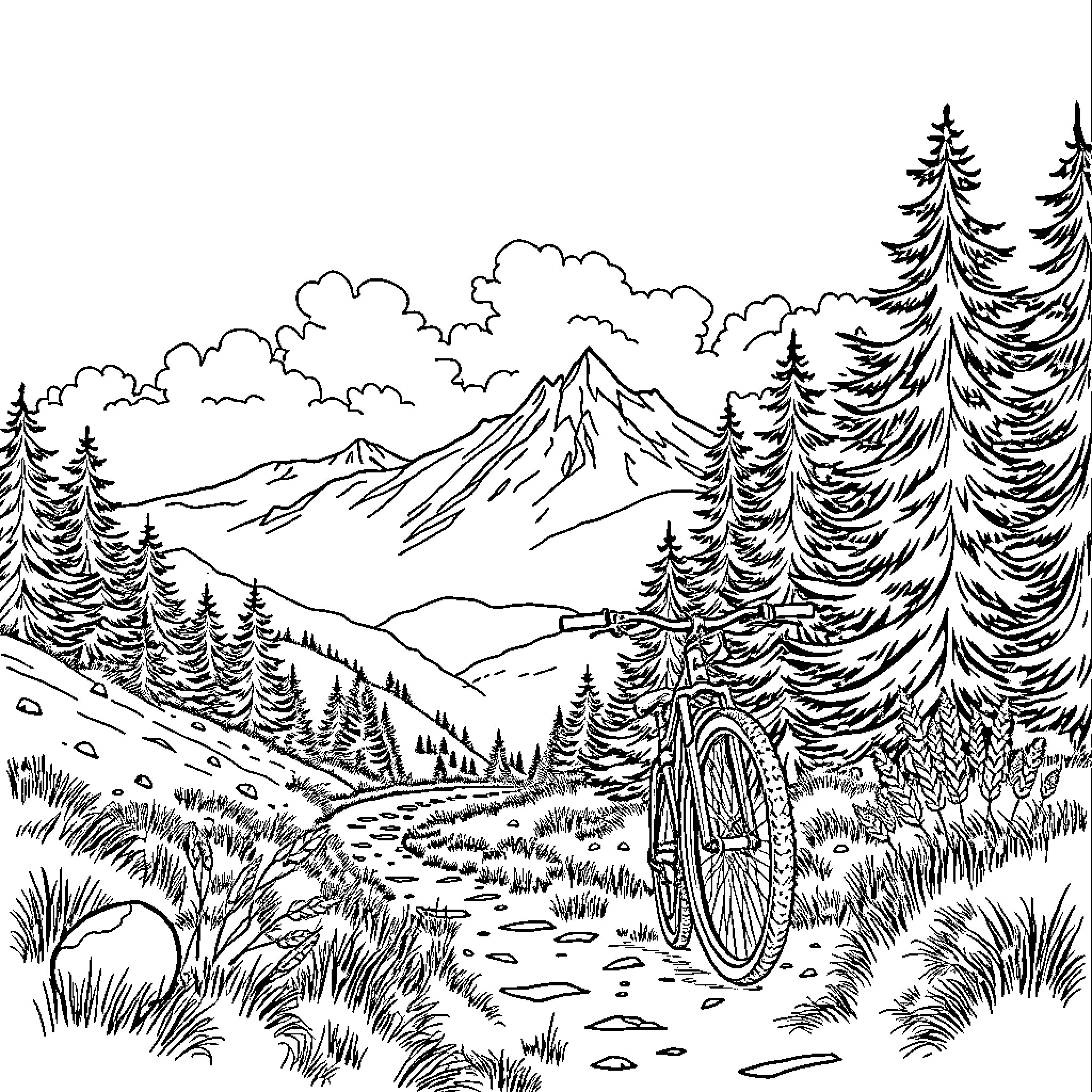 Mountain Bike Adventure in the Scenic Wilderness Coloring Page (free black-and-white line drawing printable PDF for all, from beginners to advanced learners, including children, teens, adults, and seniors)