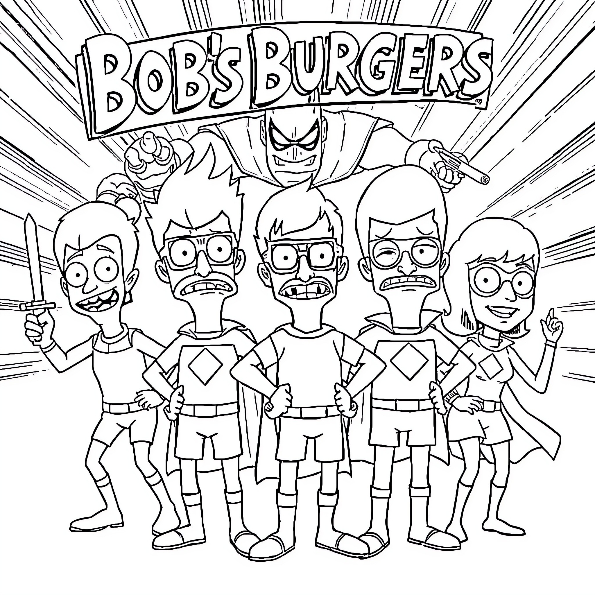Bob's Burgers characters in action poses Coloring Page (free black-and-white line drawing printable PDF for all, from beginners to advanced learners, including children, teens, adults, and seniors)