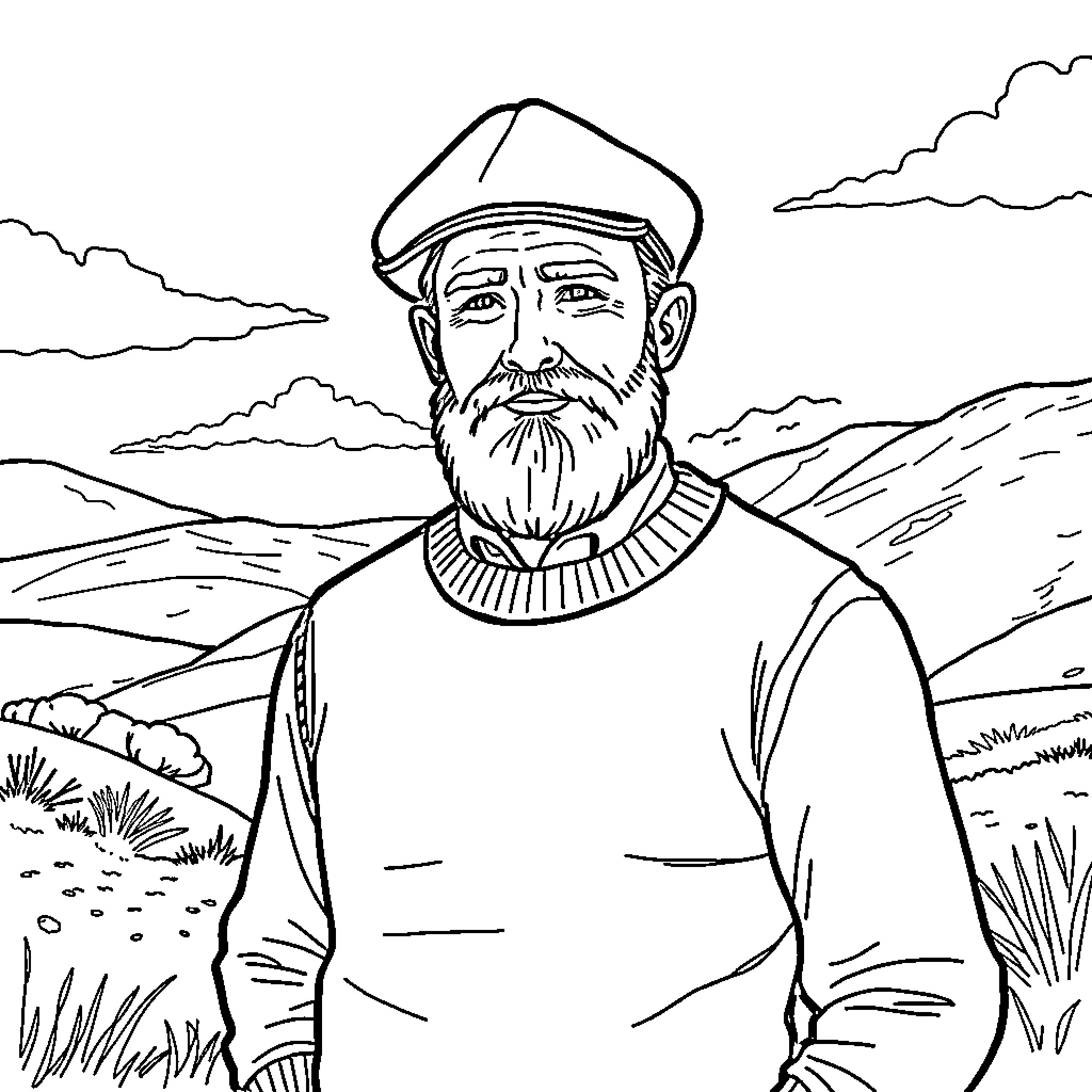 Irishman in traditional clothing standing in rural landscape Coloring Page (free black-and-white line drawing printable PDF for all, from beginners to advanced learners, including children, teens, adults, and seniors)