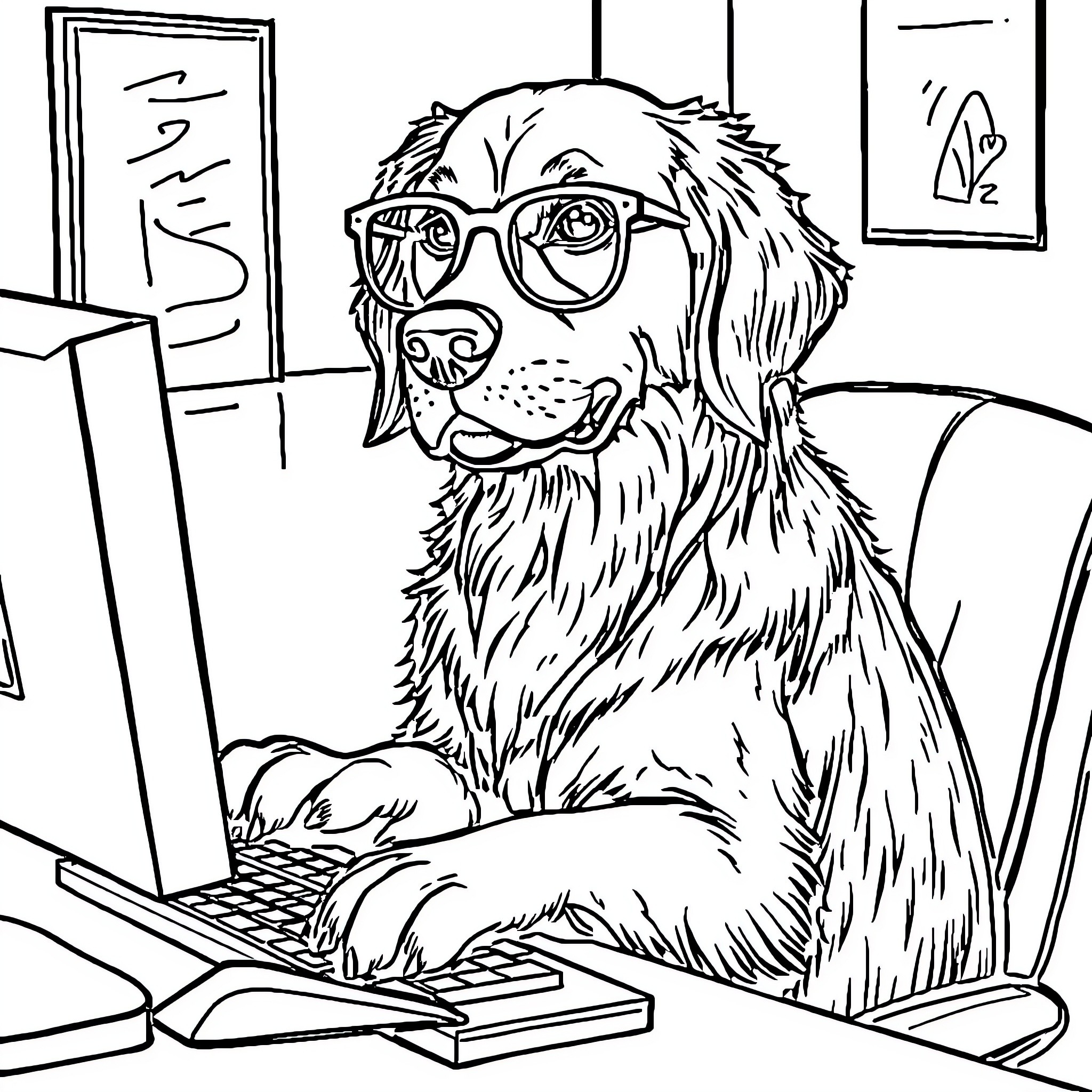 Golden Retriever working diligently on a computer Coloring Page (free black-and-white line drawing printable PDF for all, from beginners to advanced learners, including children, teens, adults, and seniors)
