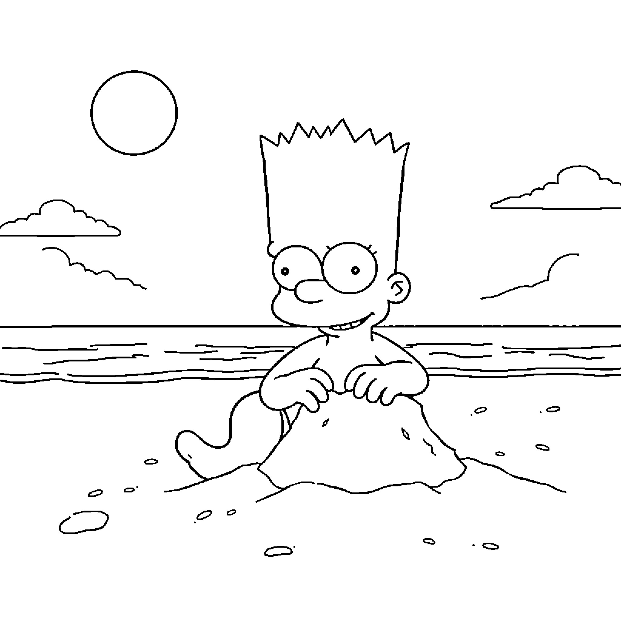 Bart Simpson playing on the beach Coloring Page (free black-and-white line drawing printable PDF for all, from beginners to advanced learners, including children, teens, adults, and seniors)