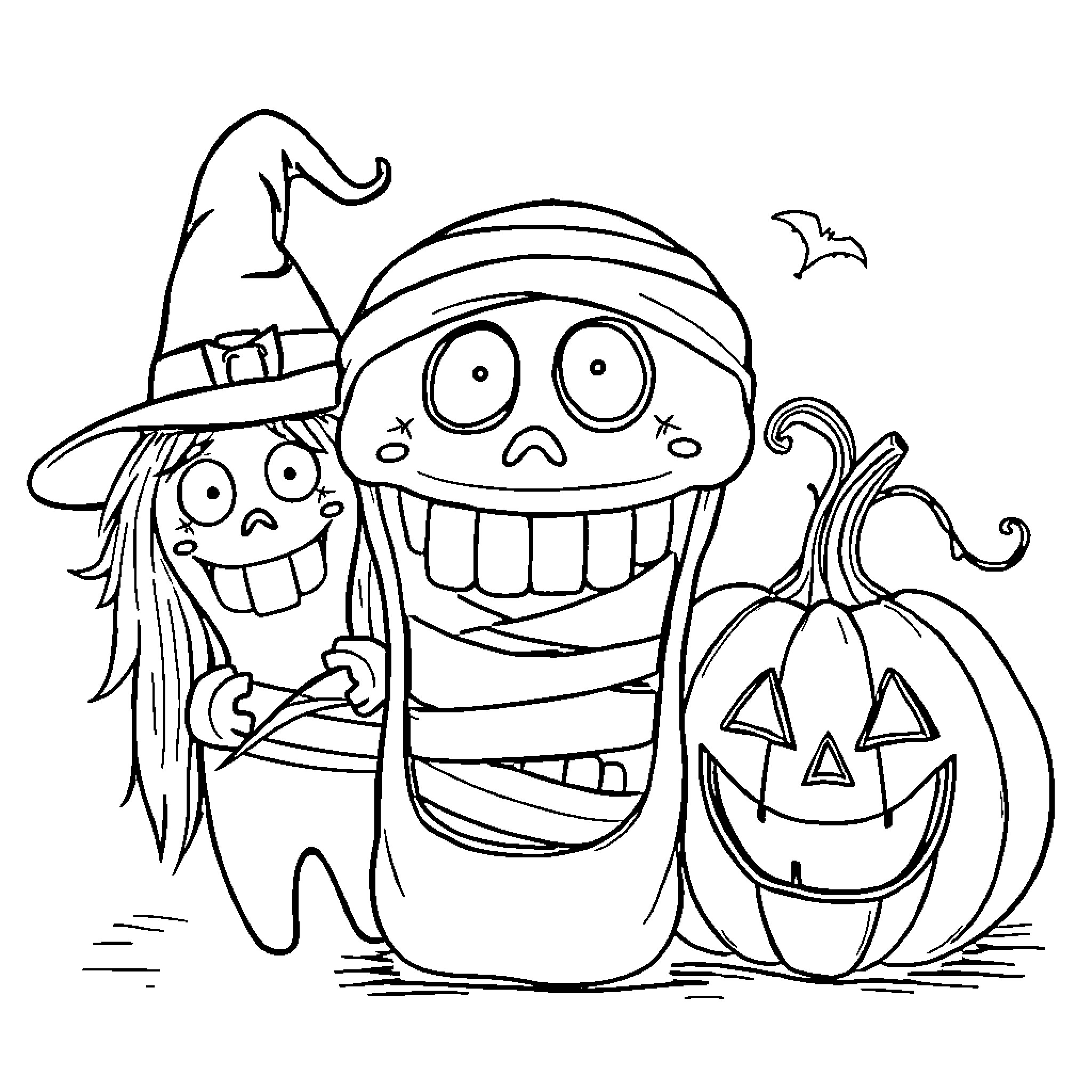 Teeth of Excited Halloween Characters Coloring Page (free black-and-white line drawing printable PDF for all, from beginners to advanced learners, including children, teens, adults, and seniors)