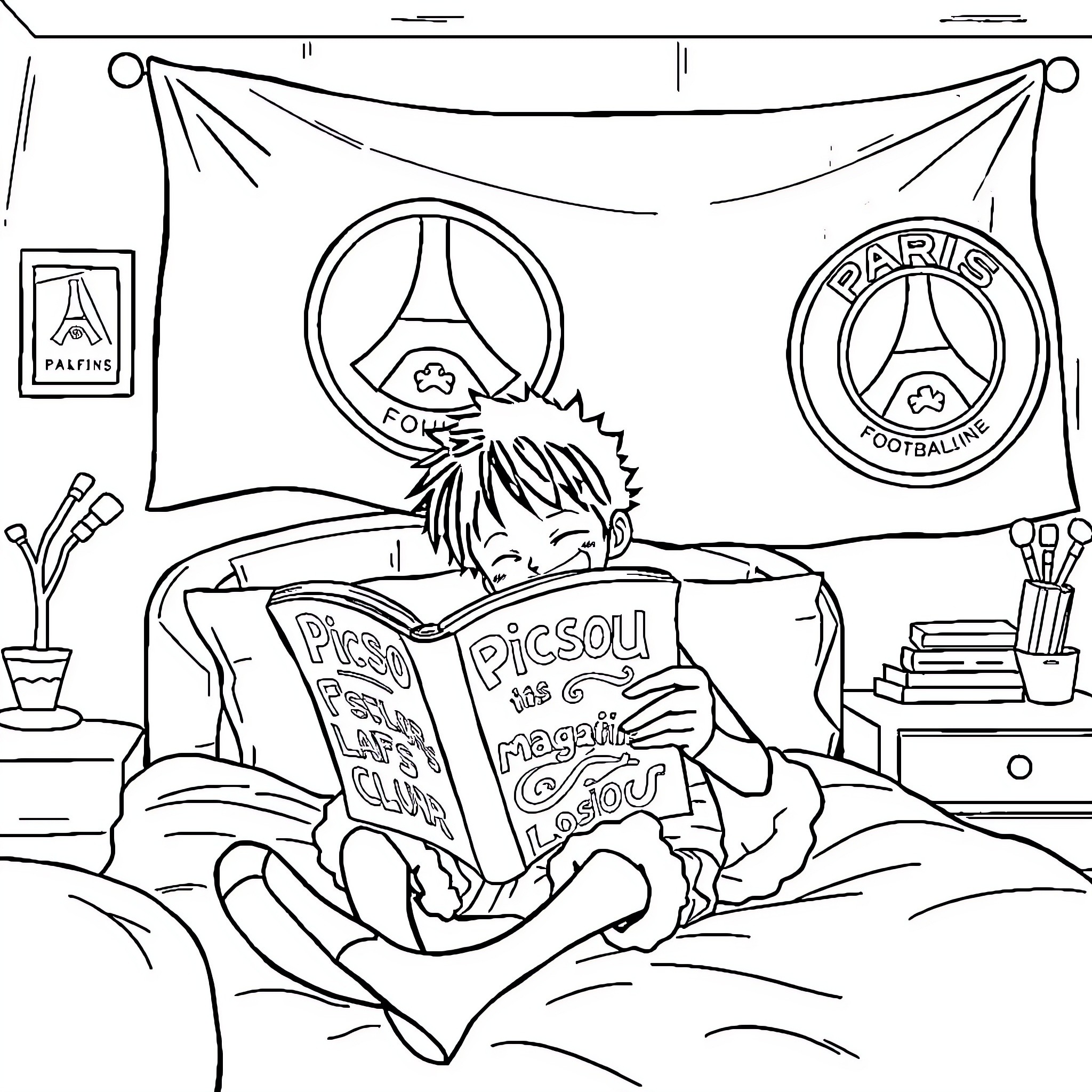 Luffy reading books on his bed Coloring Page (free black-and-white line drawing printable PDF for all, from beginners to advanced learners, including children, teens, adults, and seniors)