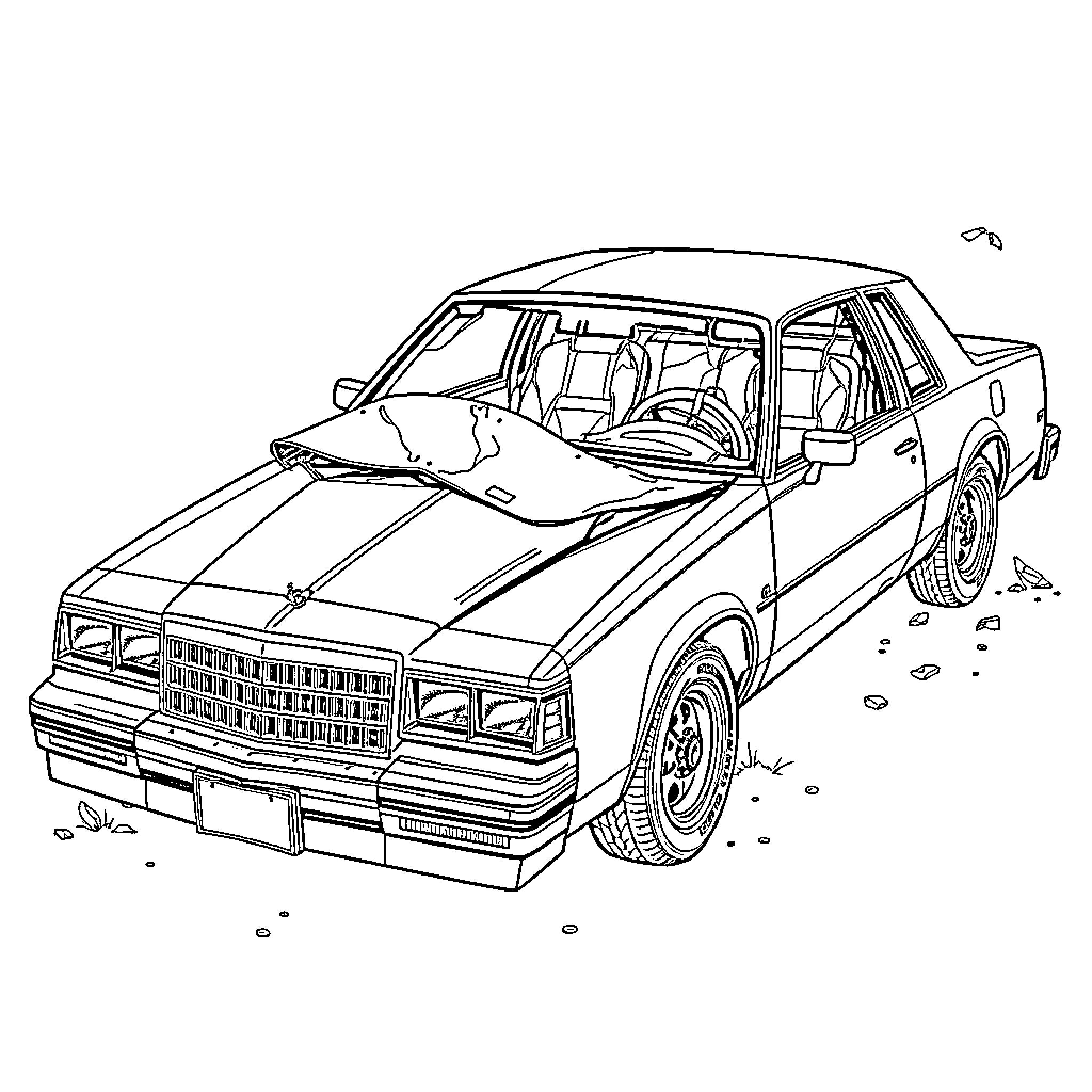 Cutlass Muscle Car in Action Coloring Page (free black-and-white line drawing printable PDF for all, from beginners to advanced learners, including children, teens, adults, and seniors)