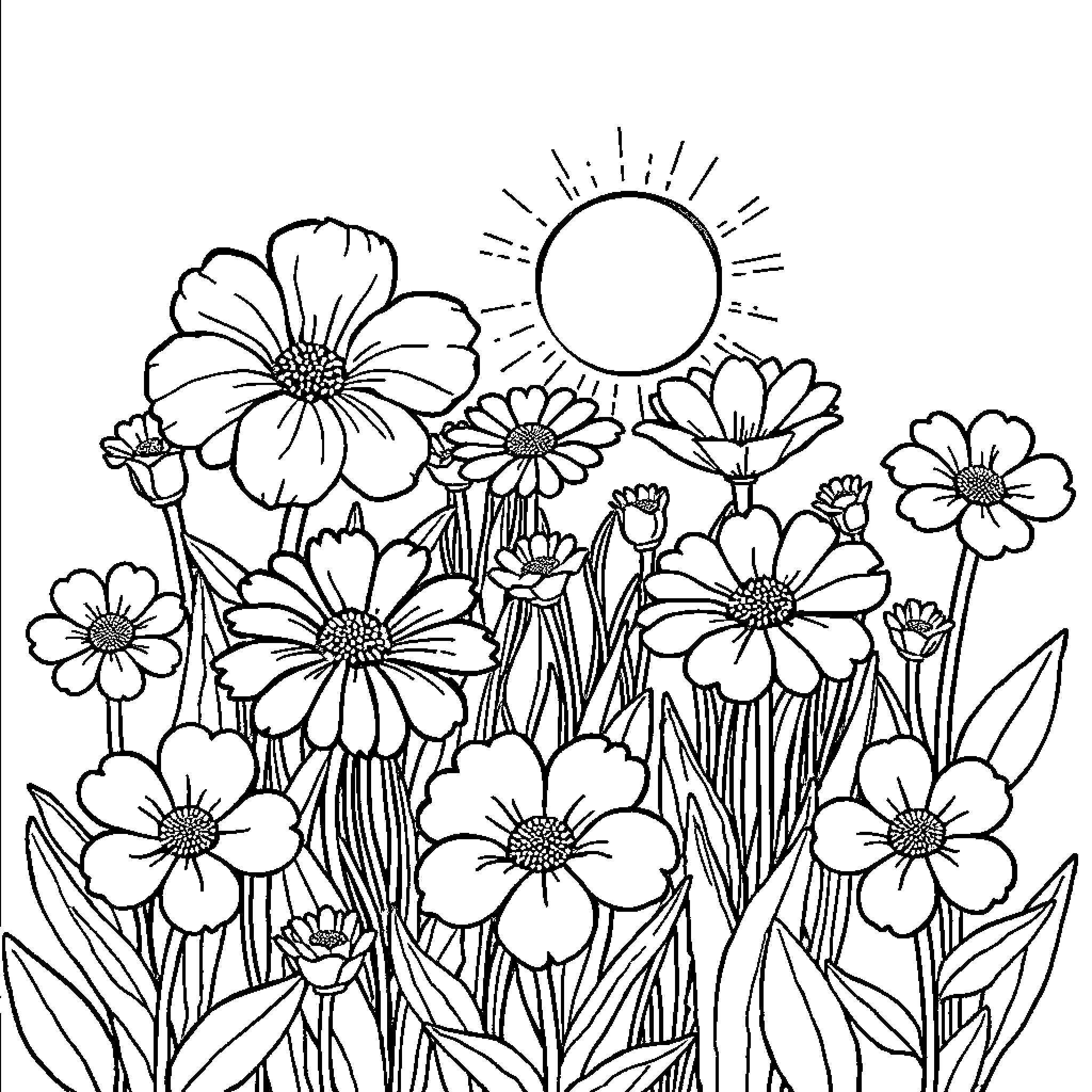 Flower garden filled with blooming flowers and bright sun Coloring Page (free black-and-white line drawing printable PDF for all, from beginners to advanced learners, including children, teens, adults, and seniors)
