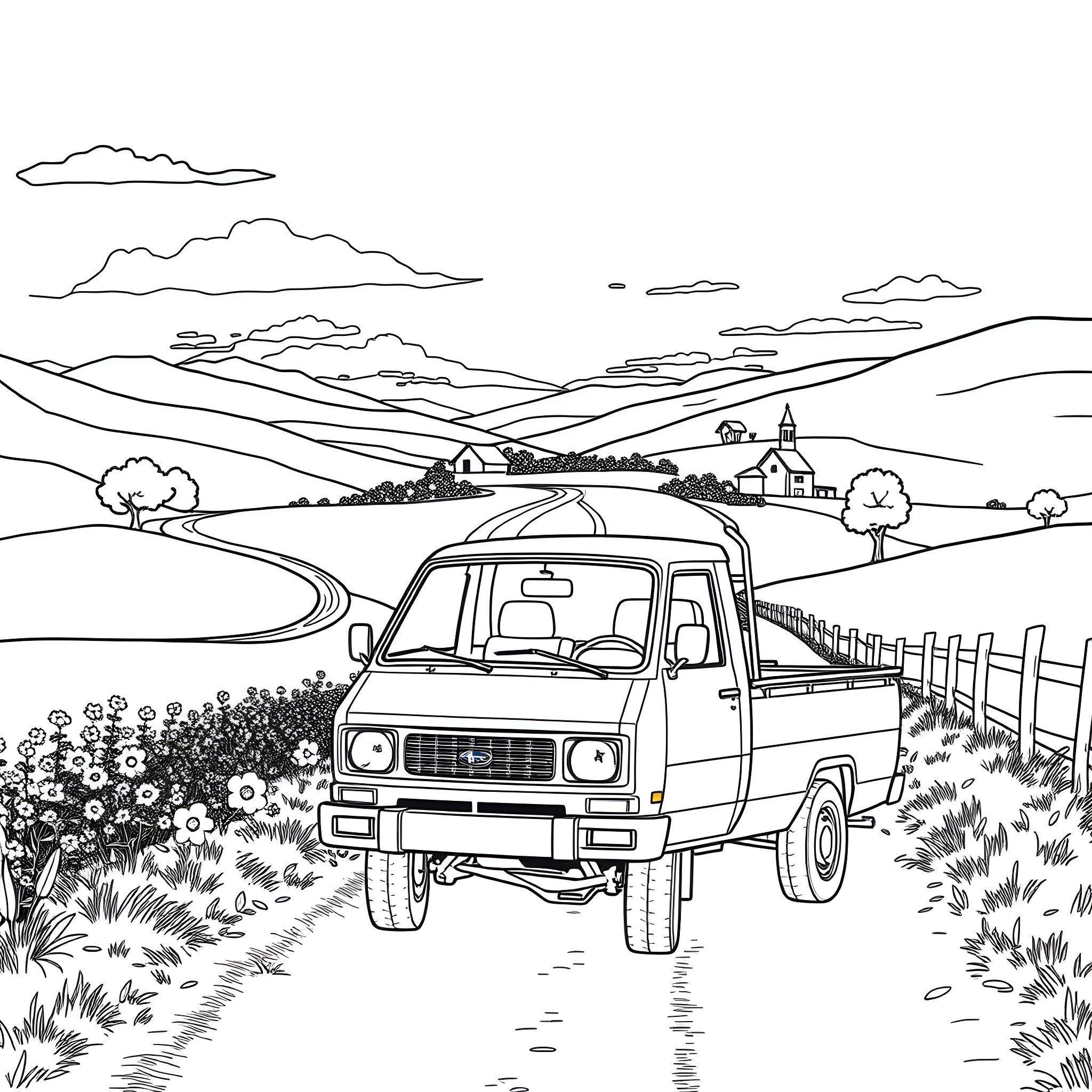Subaru Sambar Truck Transporting Goods on Country Road Coloring Page (free black-and-white line drawing printable PDF for all, from beginners to advanced learners, including children, teens, adults, and seniors)