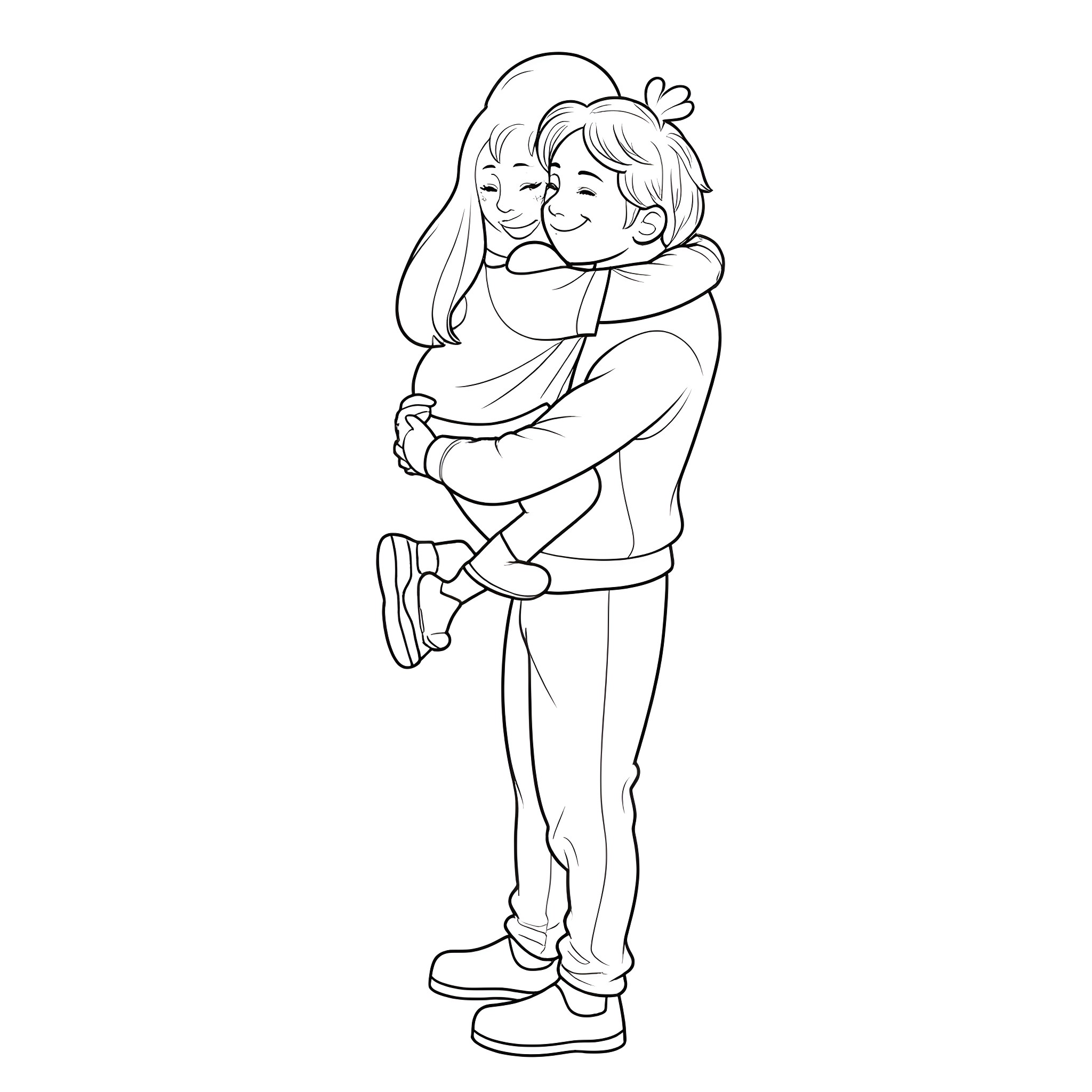 Mother tenderly embracing her child Coloring Page (free black-and-white line drawing printable PDF for all, from beginners to advanced learners, including children, teens, adults, and seniors)