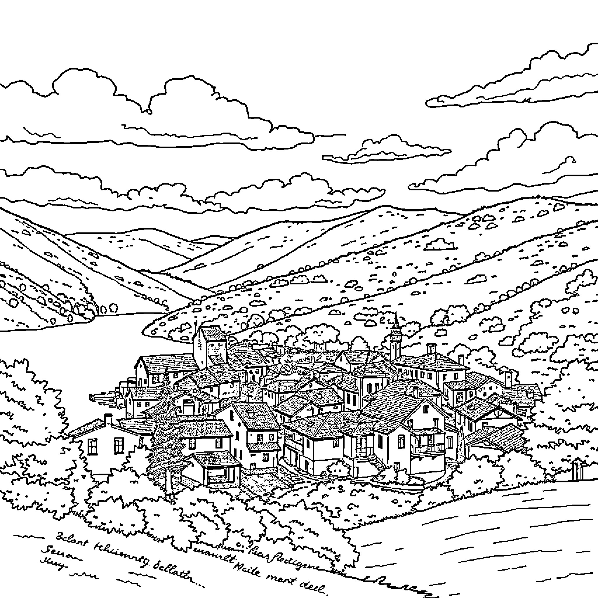 Srinjine: Charming Village Nestled in Mountainous Landscape Coloring Page (free black-and-white line drawing printable PDF for all, from beginners to advanced learners, including children, teens, adults, and seniors)
