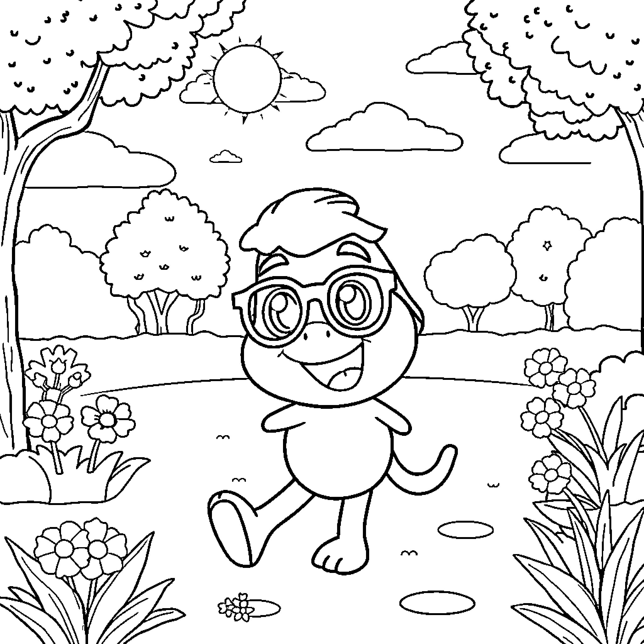 Blippi Exploring the Colorful Outdoors Coloring Page (free black-and-white line drawing printable PDF for all, from beginners to advanced learners, including children, teens, adults, and seniors)