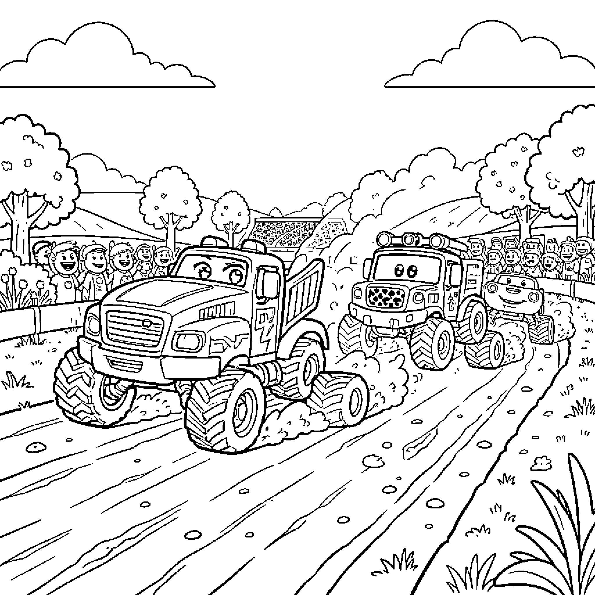 Blaze of Monster Trucks on Rugged Terrain Coloring Page (free black-and-white line drawing printable PDF for all, from beginners to advanced learners, including children, teens, adults, and seniors)