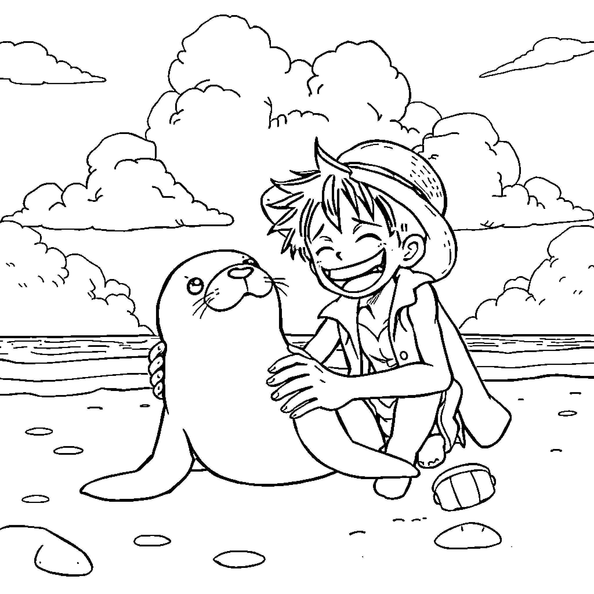 Monkey D Luffy playing with a sea creature on the beach Coloring Page (free black-and-white line drawing printable PDF for all, from beginners to advanced learners, including children, teens, adults, and seniors)