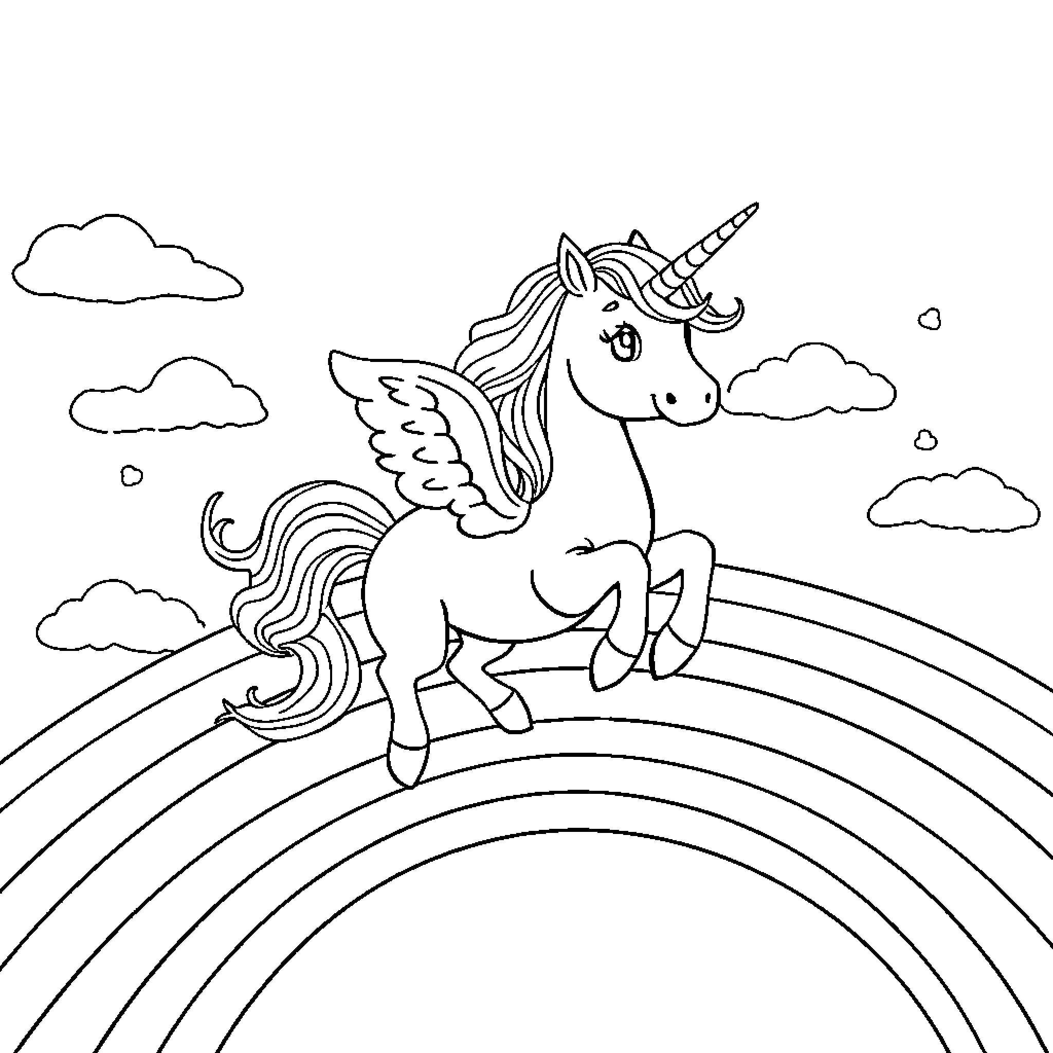 Unicorn soaring over a rainbow in the sky Coloring Page (free black-and-white line drawing printable PDF for all, from beginners to advanced learners, including children, teens, adults, and seniors)