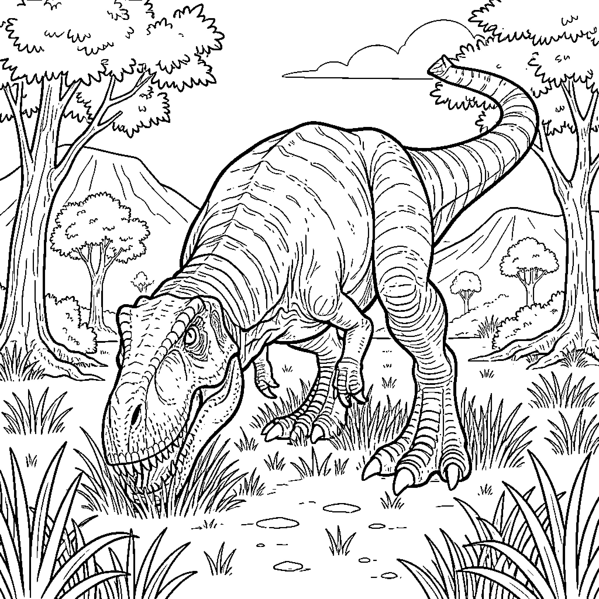 T-Rex walking through a prehistoric jungle landscape Coloring Page (free black-and-white line drawing printable PDF for all, from beginners to advanced learners, including children, teens, adults, and seniors)