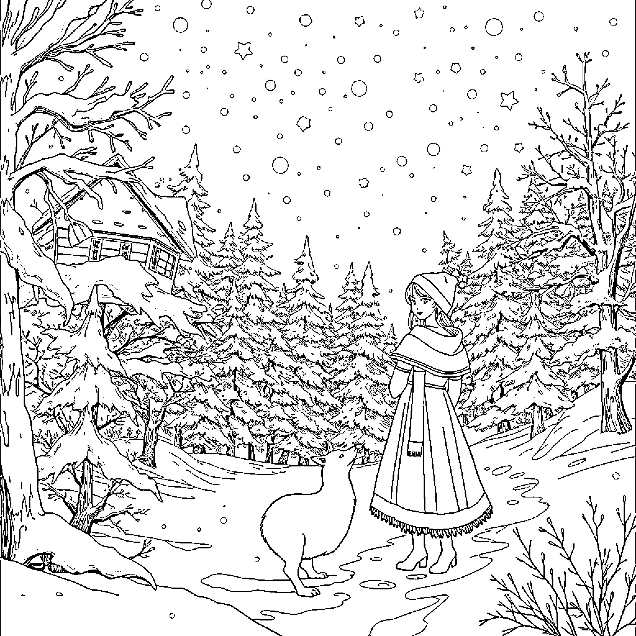 Beauty of a Snowy Winter Wonderland Coloring Page (free black-and-white line drawing printable PDF for all, from beginners to advanced learners, including children, teens, adults, and seniors)