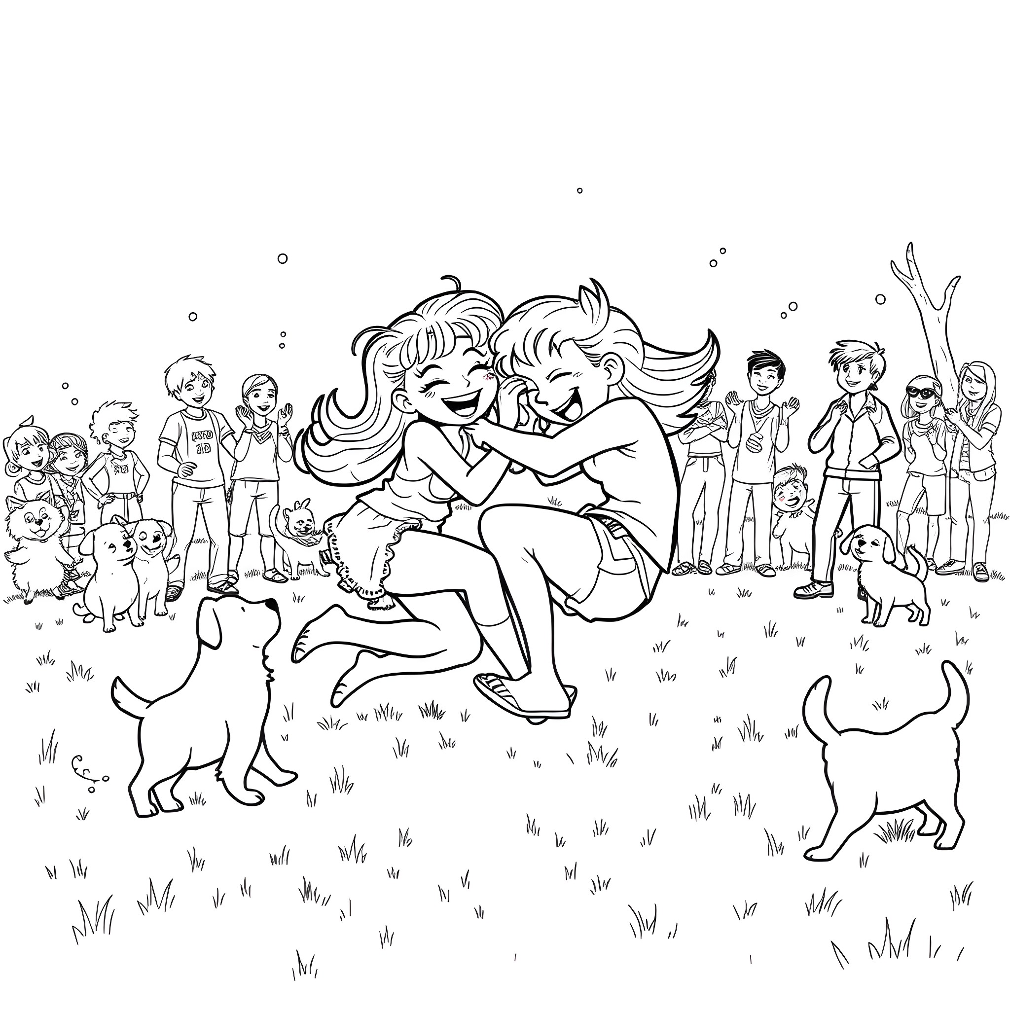 Bonnie Blue playing with friends and pets in the meadow Coloring Page (free black-and-white line drawing printable PDF for all, from beginners to advanced learners, including children, teens, adults, and seniors)