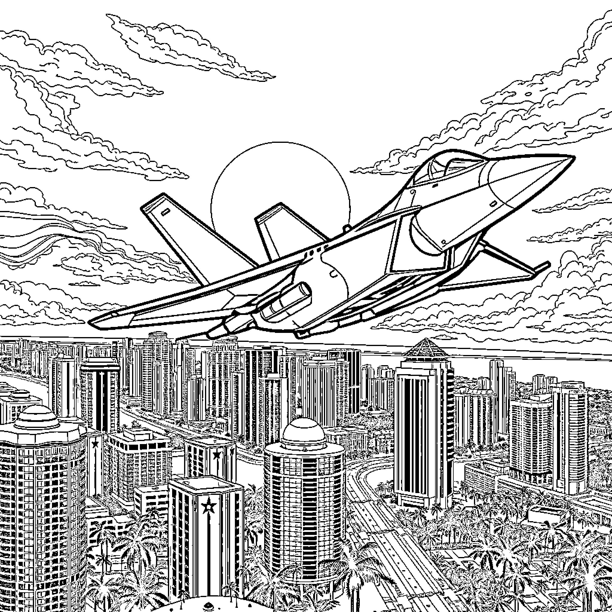F-22 Raptor soaring over a futuristic cityscape Coloring Page (free black-and-white line drawing printable PDF for all, from beginners to advanced learners, including children, teens, adults, and seniors)