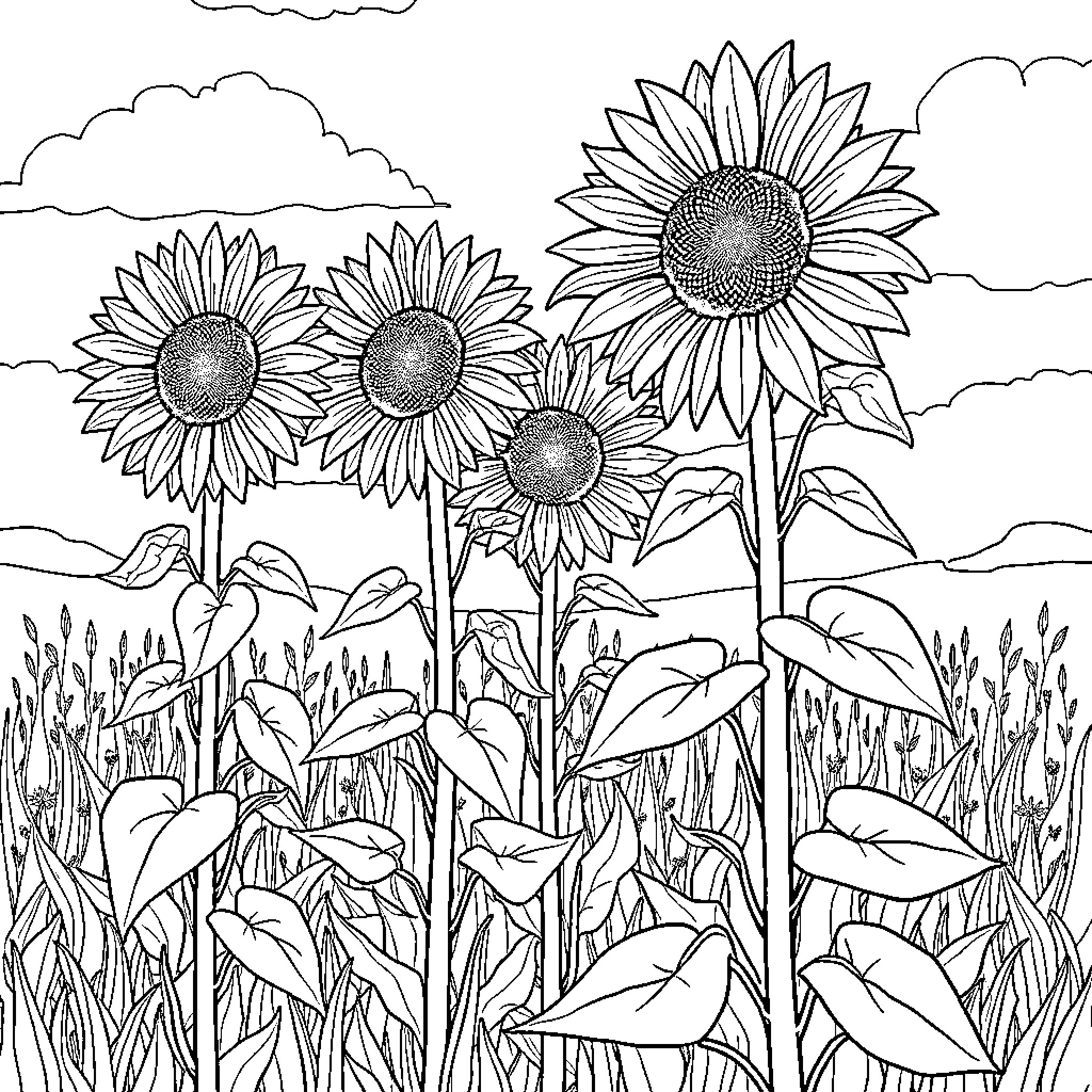 Sunflower field in the countryside Coloring Page (free black-and-white line drawing printable PDF for all, from beginners to advanced learners, including children, teens, adults, and seniors)