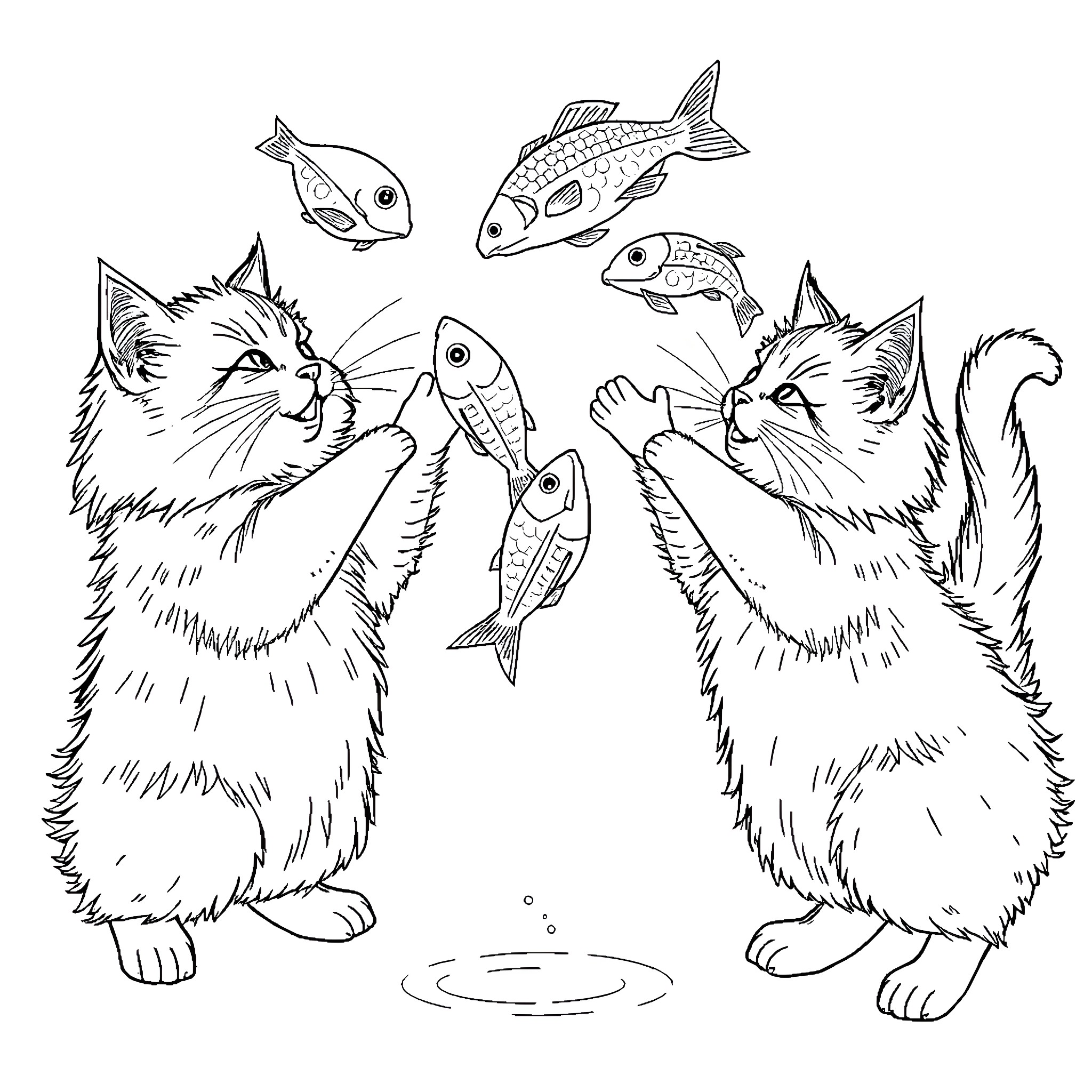Cats playing with fish in the underwater scene Coloring Page (free black-and-white line drawing printable PDF for all, from beginners to advanced learners, including children, teens, adults, and seniors)