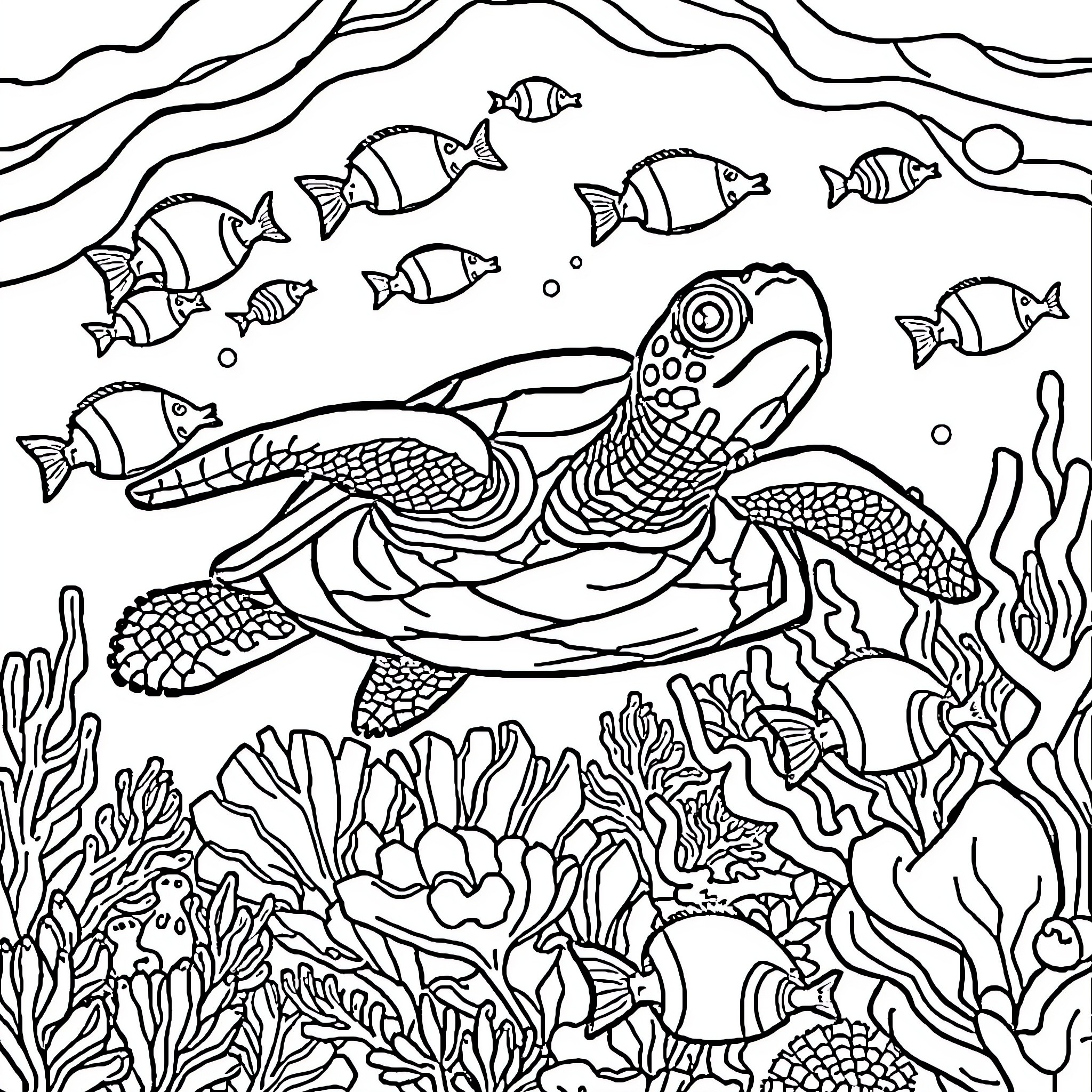 Turtle swimming among colorful fish in the ocean Coloring Page (free black-and-white line drawing printable PDF for all, from beginners to advanced learners, including children, teens, adults, and seniors)