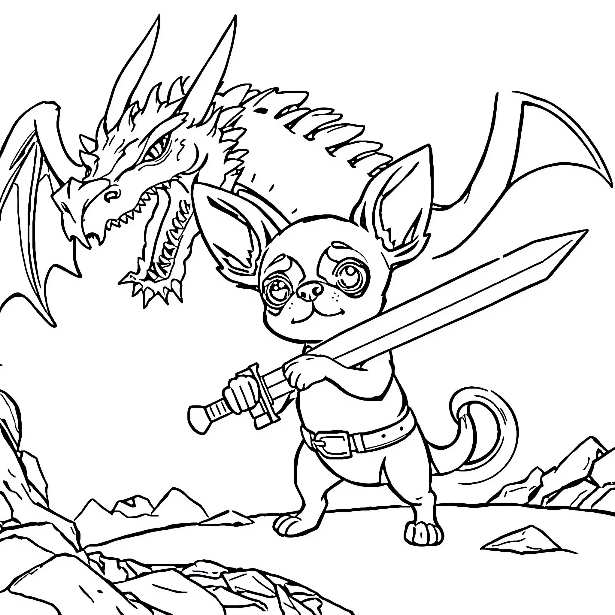 Chihuahua adventurer battles mythical dragon Coloring Page (free black-and-white line drawing printable PDF for all, from beginners to advanced learners, including children, teens, adults, and seniors)