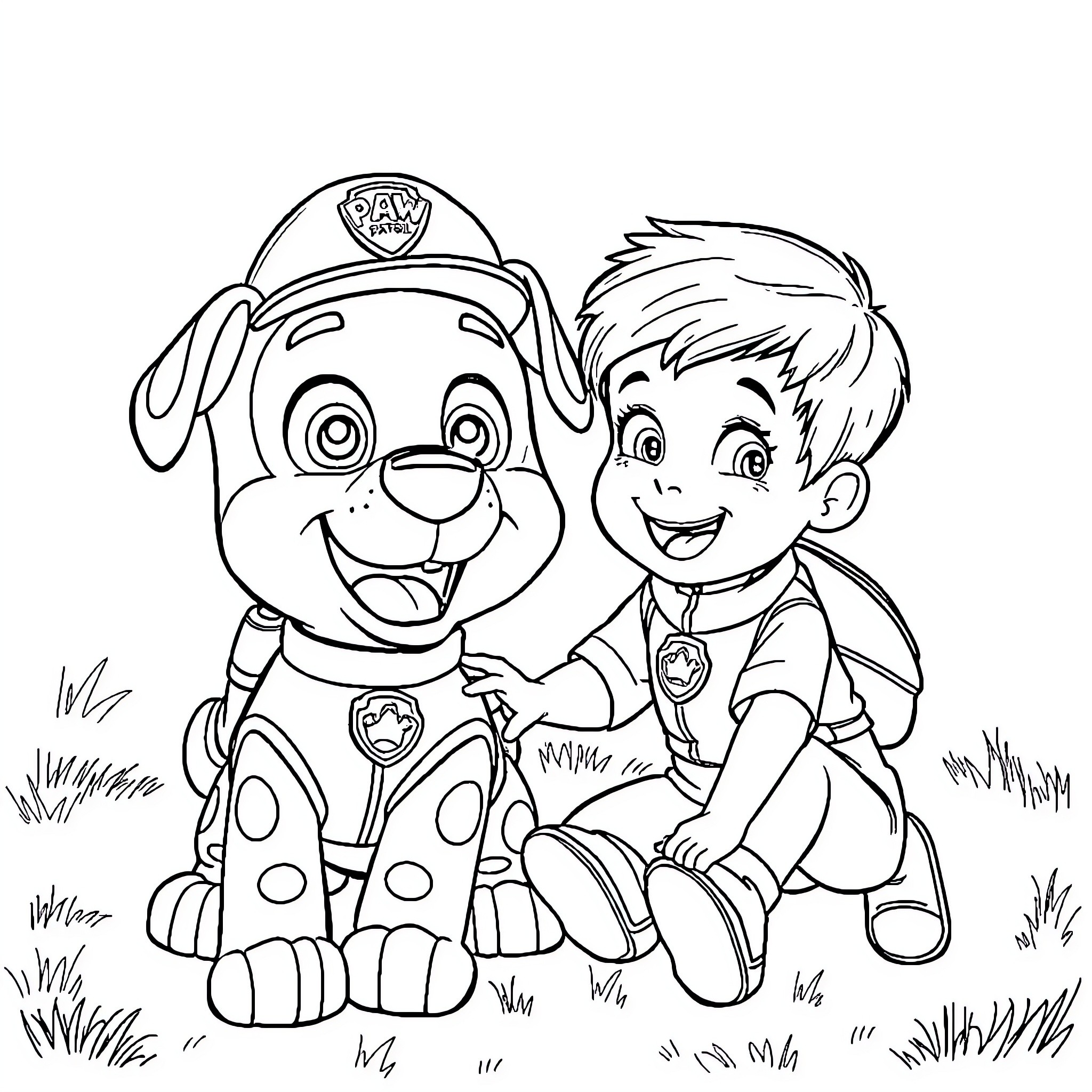 Marshall and Young Boy in Outdoor Adventure Coloring Page (free black-and-white line drawing printable PDF for all, from beginners to advanced learners, including children, teens, adults, and seniors)
