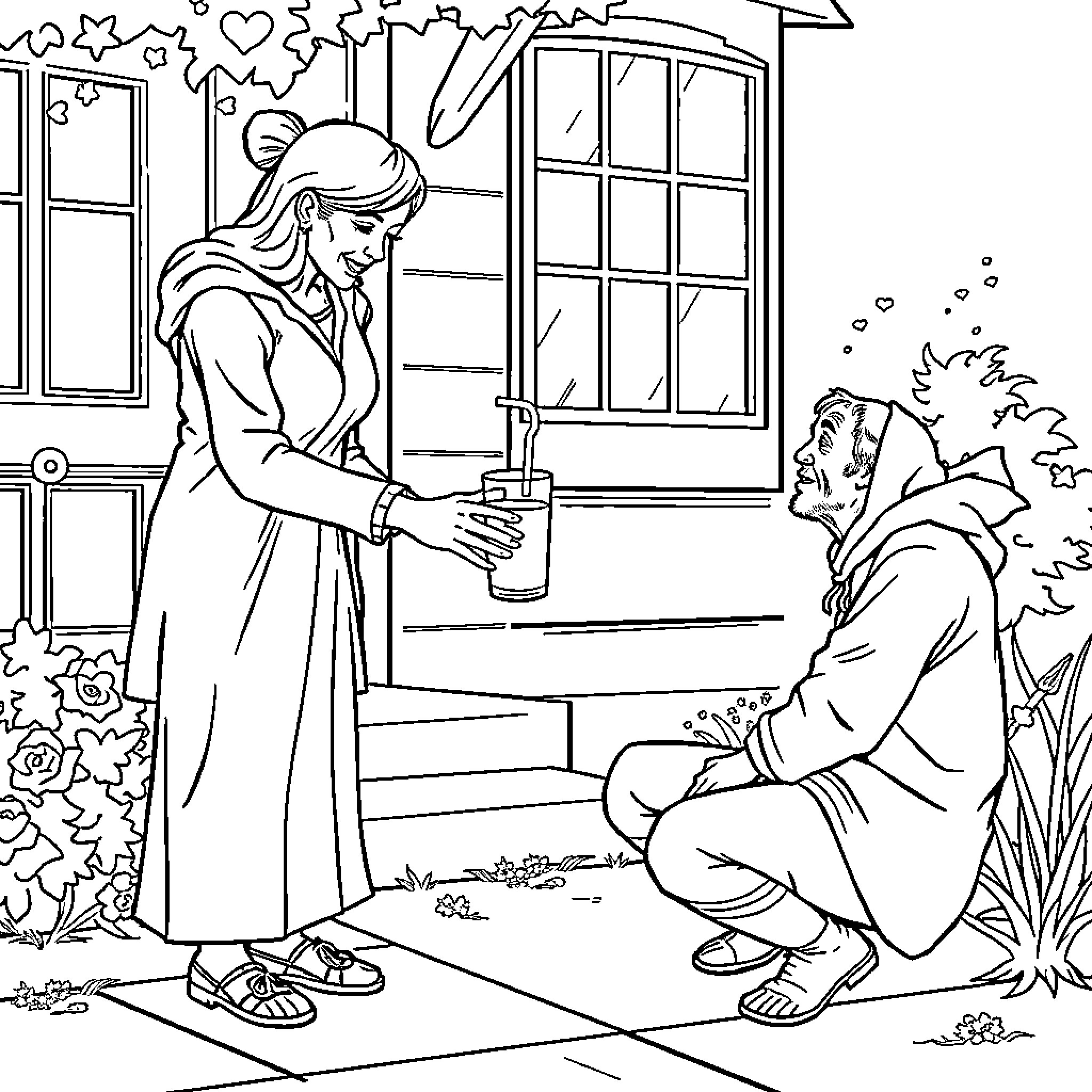 Woman offering drink to homeless man on street Coloring Page (free black-and-white line drawing printable PDF for all, from beginners to advanced learners, including children, teens, adults, and seniors)