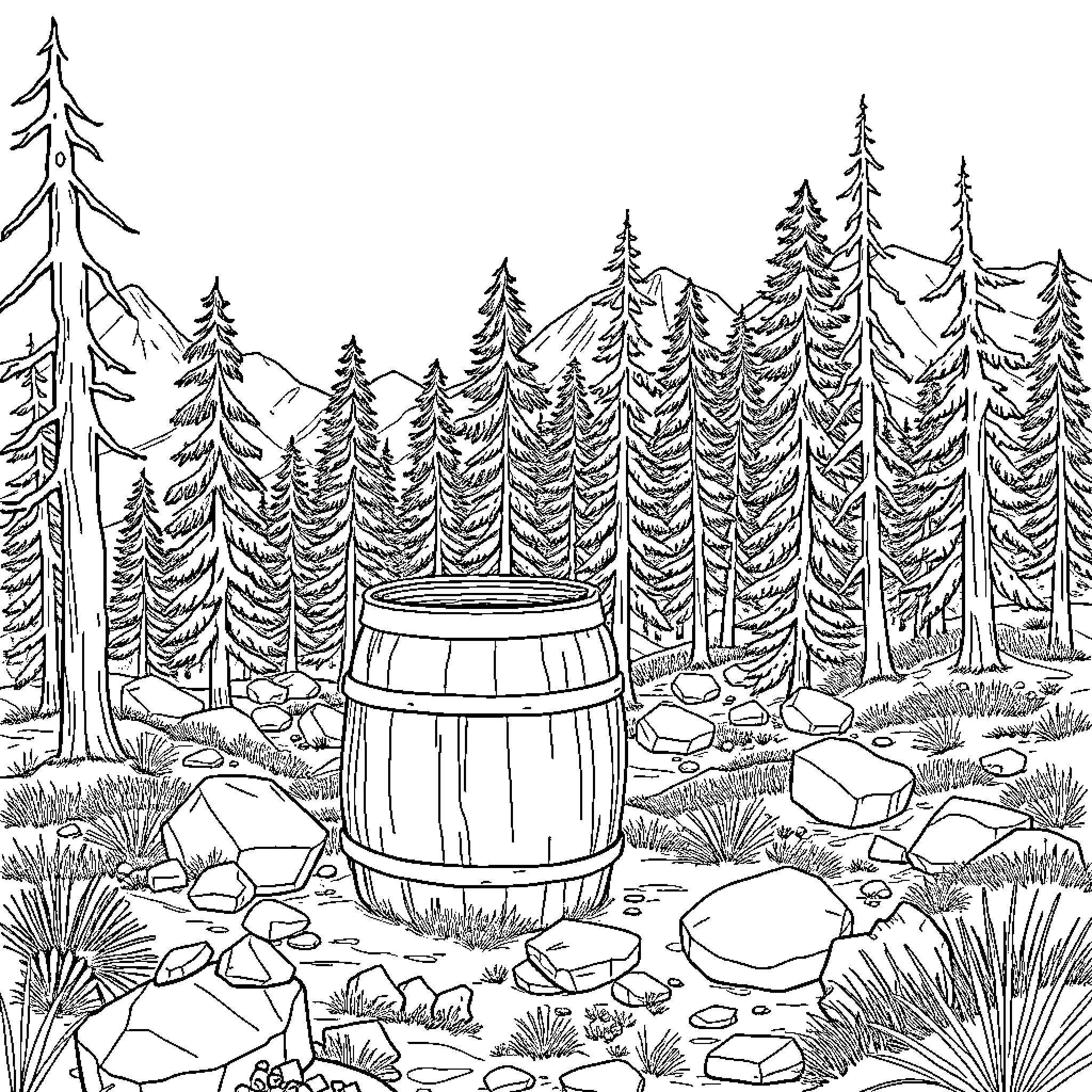Labrador exploring the serene forest landscape Coloring Page (free black-and-white line drawing printable PDF for all, from beginners to advanced learners, including children, teens, adults, and seniors)