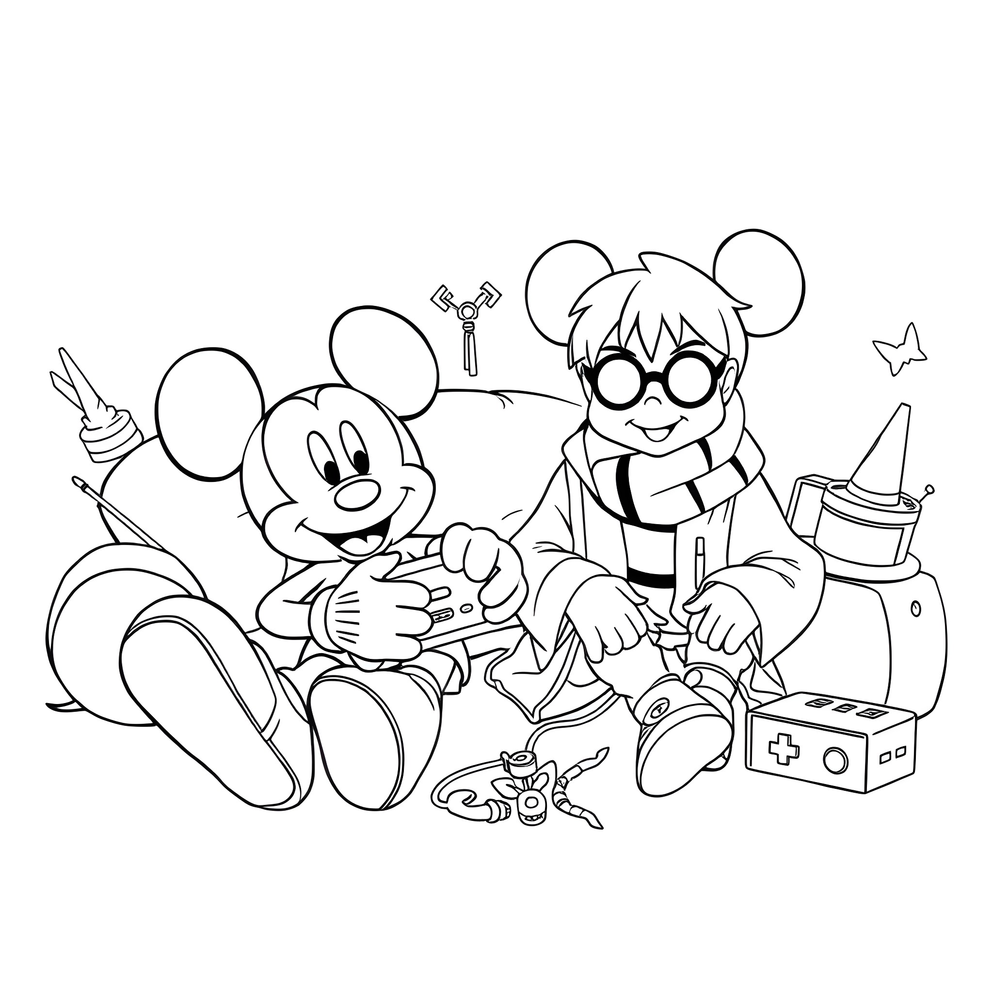 Mickey Mouse and friends playing video games together Coloring Page (free black-and-white line drawing printable PDF for all, from beginners to advanced learners, including children, teens, adults, and seniors)
