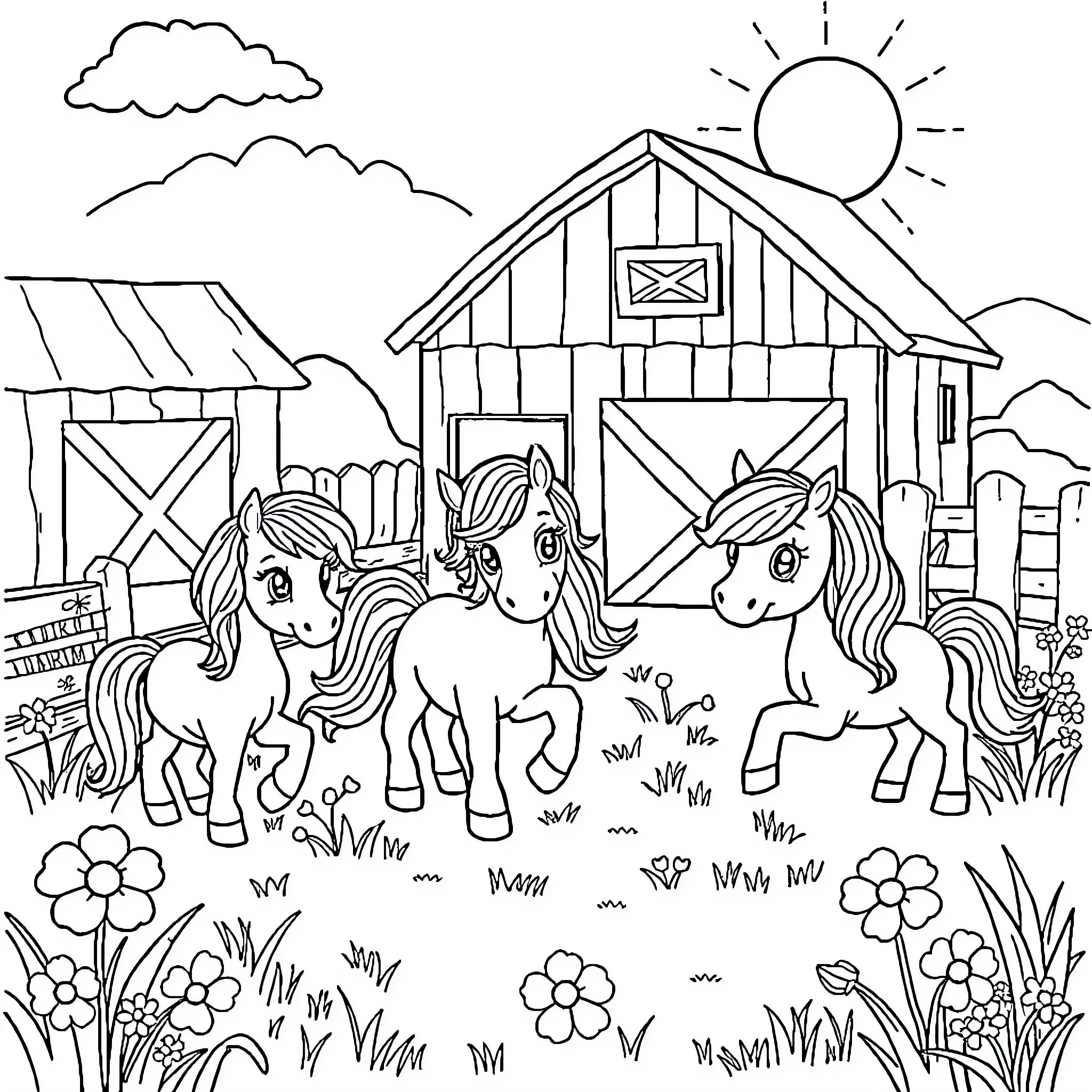 Ponies frolicking in a pastoral scene Coloring Page (free black-and-white line drawing printable PDF for all, from beginners to advanced learners, including children, teens, adults, and seniors)