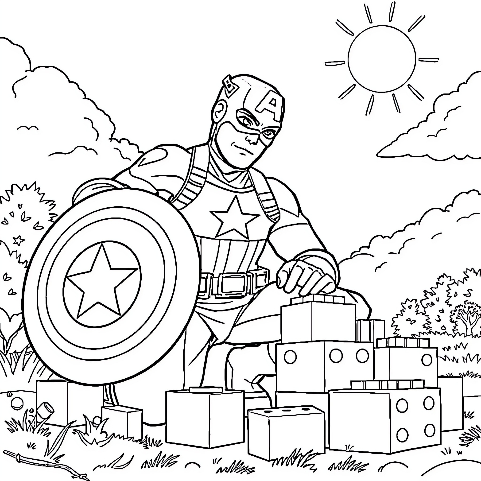 Captain America Shields and Lifts Cargo in Outdoor Scene Coloring Page (free black-and-white line drawing printable PDF for all, from beginners to advanced learners, including children, teens, adults, and seniors)