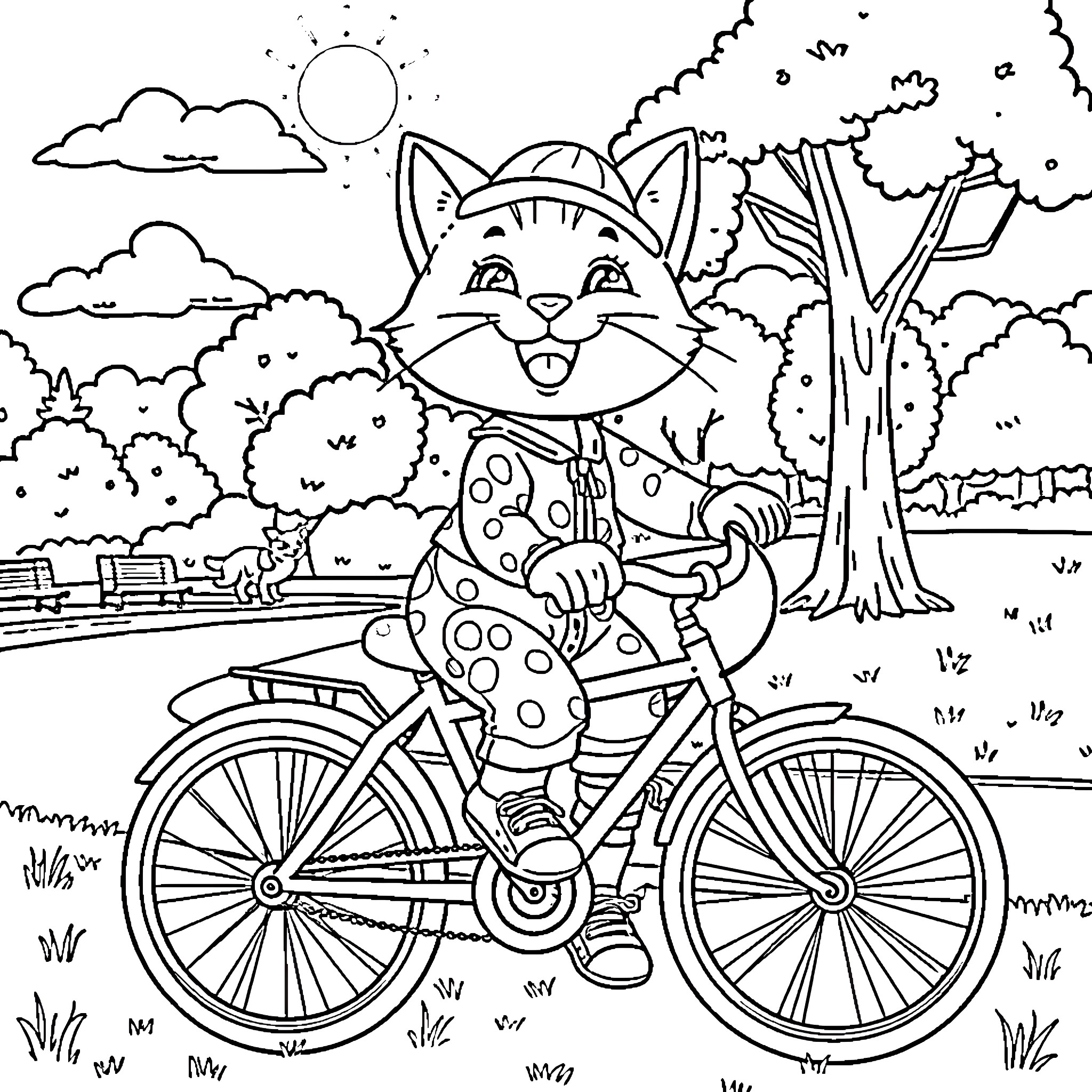 Cat riding a bicycle in the countryside Coloring Page (free black-and-white line drawing printable PDF for all, from beginners to advanced learners, including children, teens, adults, and seniors)