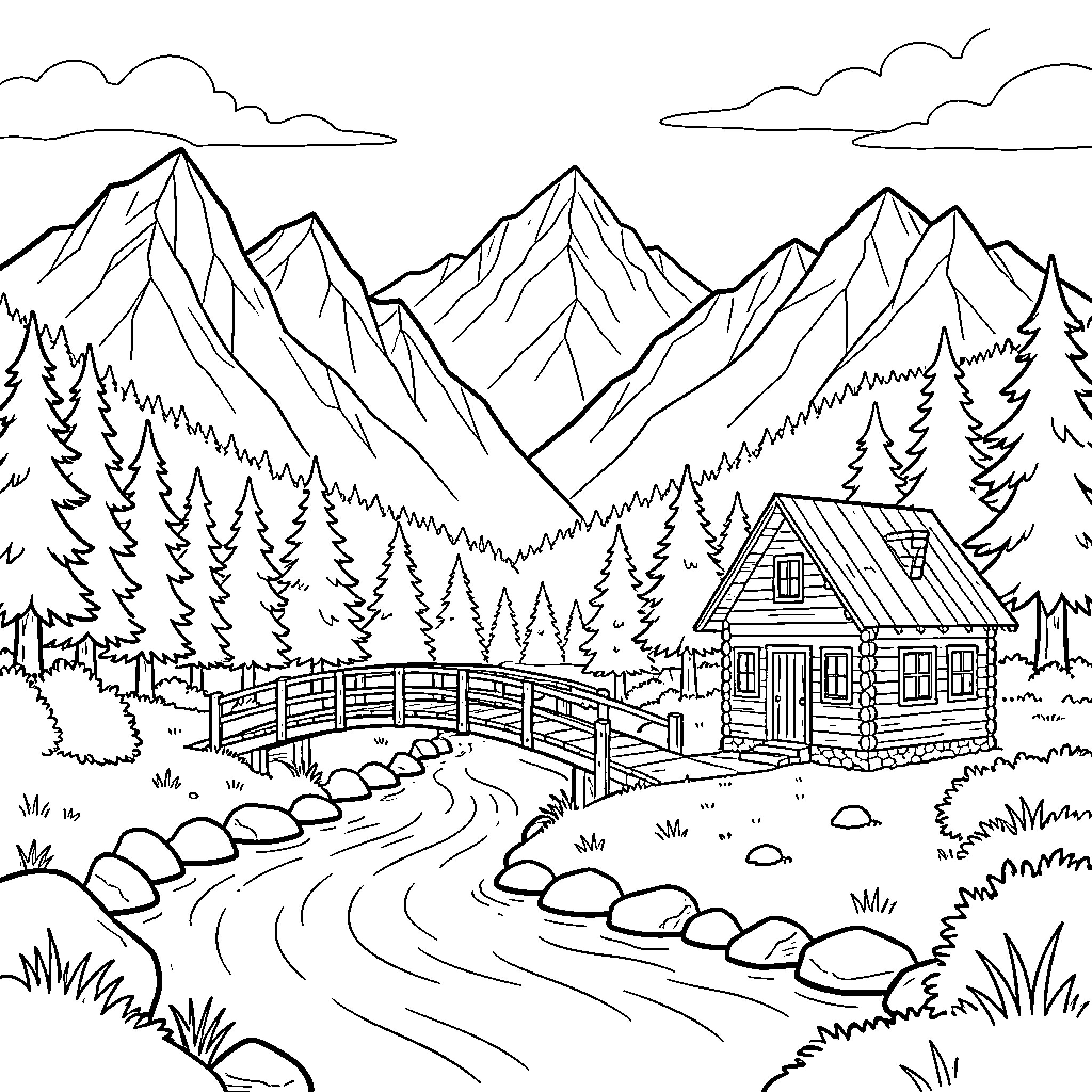 Mountain landscape with a cabin and a wooden bridge Coloring Page (free black-and-white line drawing printable PDF for all, from beginners to advanced learners, including children, teens, adults, and seniors)