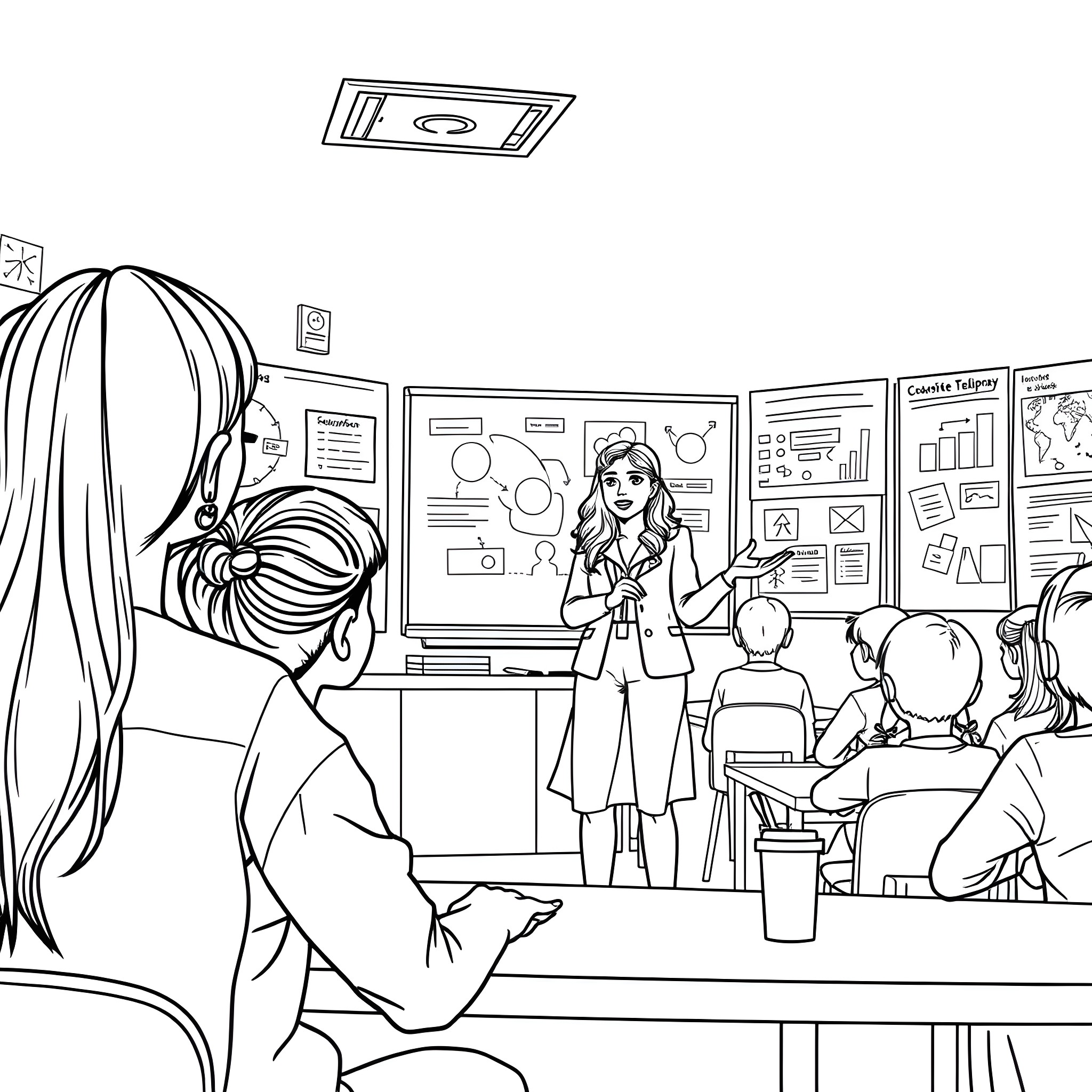 Ms Há's classroom presentation with students Coloring Page (free black-and-white line drawing printable PDF for all, from beginners to advanced learners, including children, teens, adults, and seniors)