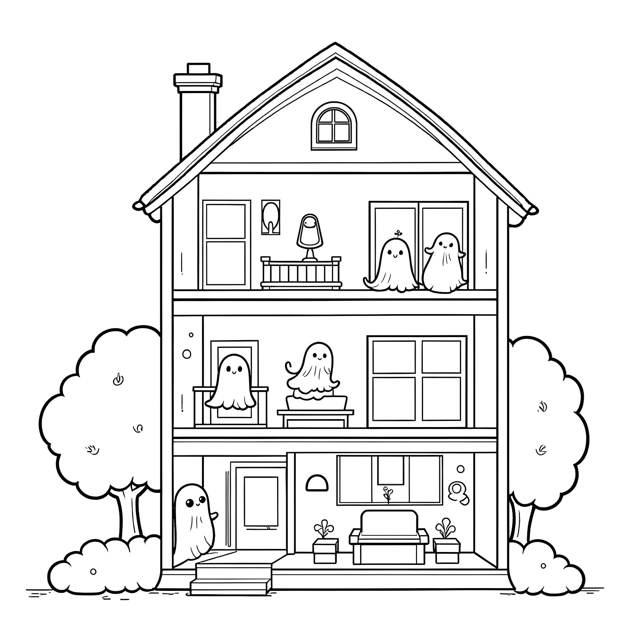 Dollhouse with Ghostly Inhabitants Coloring Page (free black-and-white line drawing printable PDF for all, from beginners to advanced learners, including children, teens, adults, and seniors)