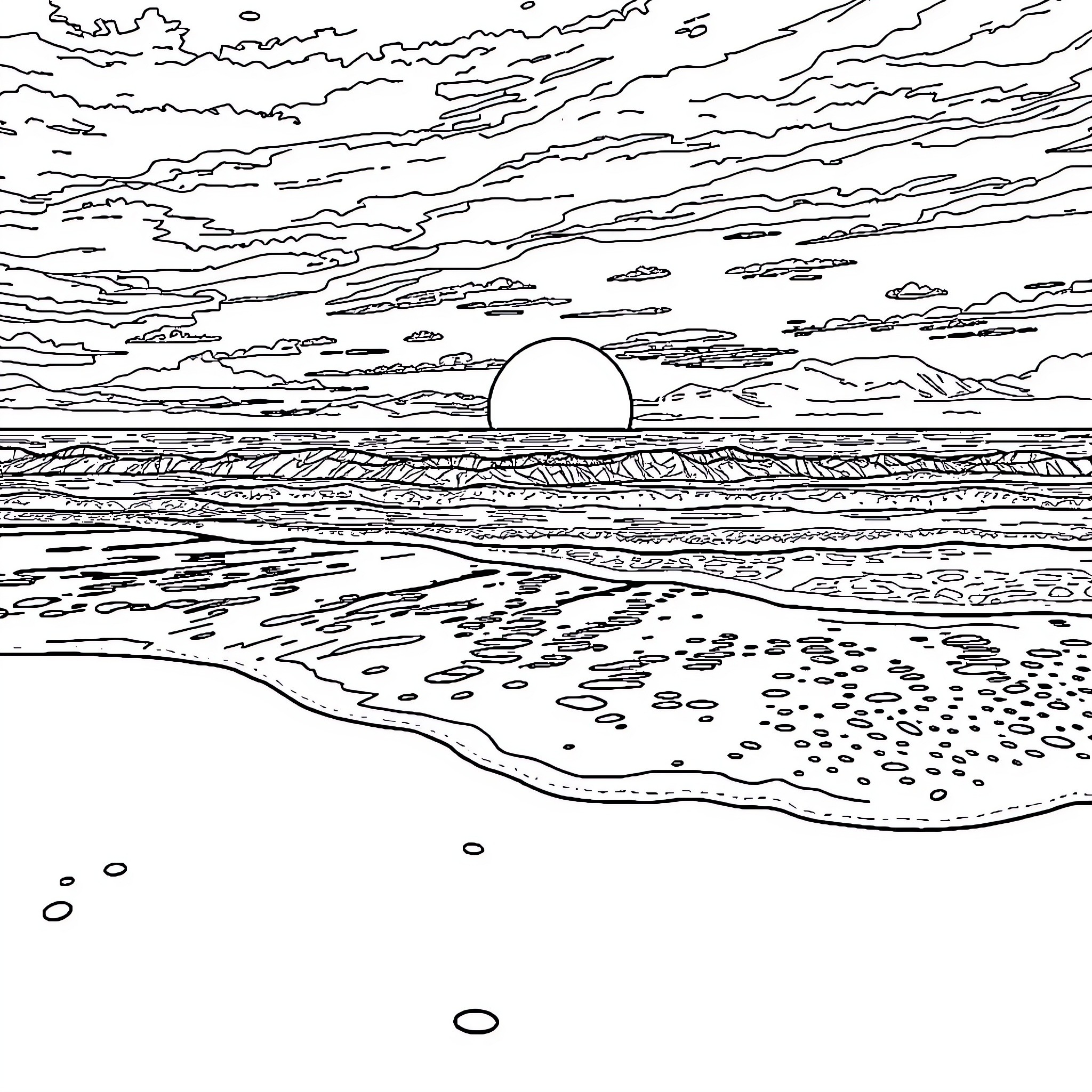 Quagmire of Tranquil Seascape at Sunset Coloring Page (free black-and-white line drawing printable PDF for all, from beginners to advanced learners, including children, teens, adults, and seniors)